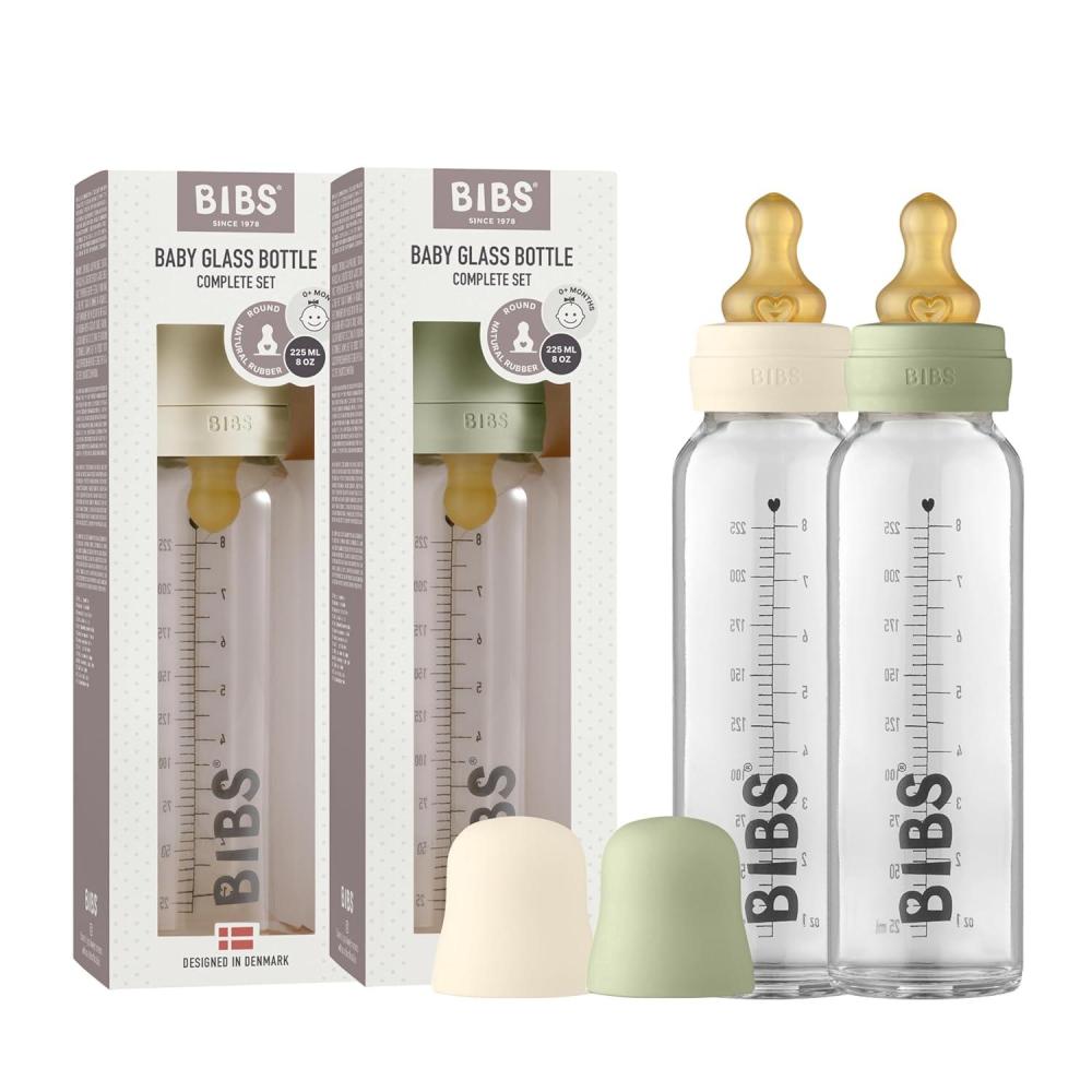 image:imageBibs Baby Glass Bottle AntiColic Borosilicate Glass Bottles Natural Vented Round Natural Rubber Latex Nipple Consistent Flow Rate 76 oz225 ml 2 Pack IvorySage