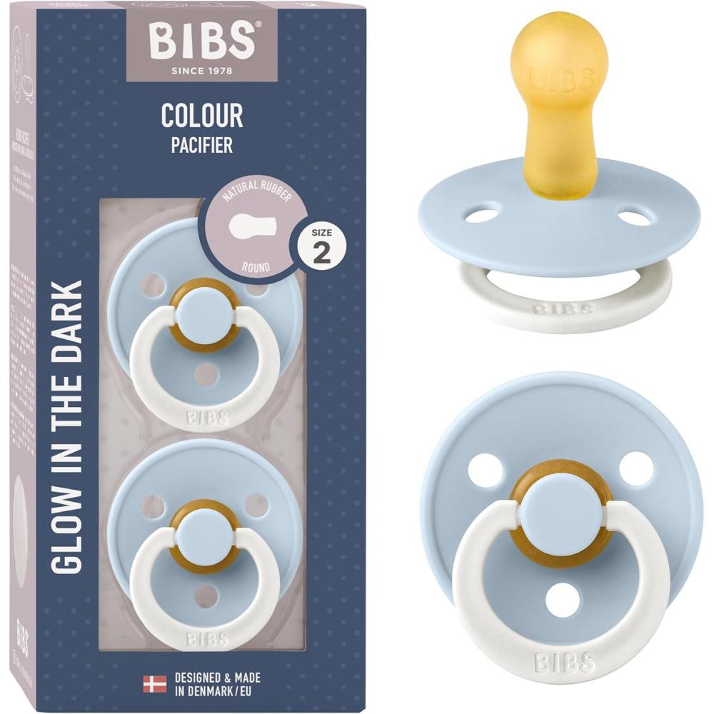 image:imageBibs Pacifiers Color Collection Set of 2 BPAFree Latex Pacifiers Made in Europe Round Nipple Baby PacifierBaby Blue Night