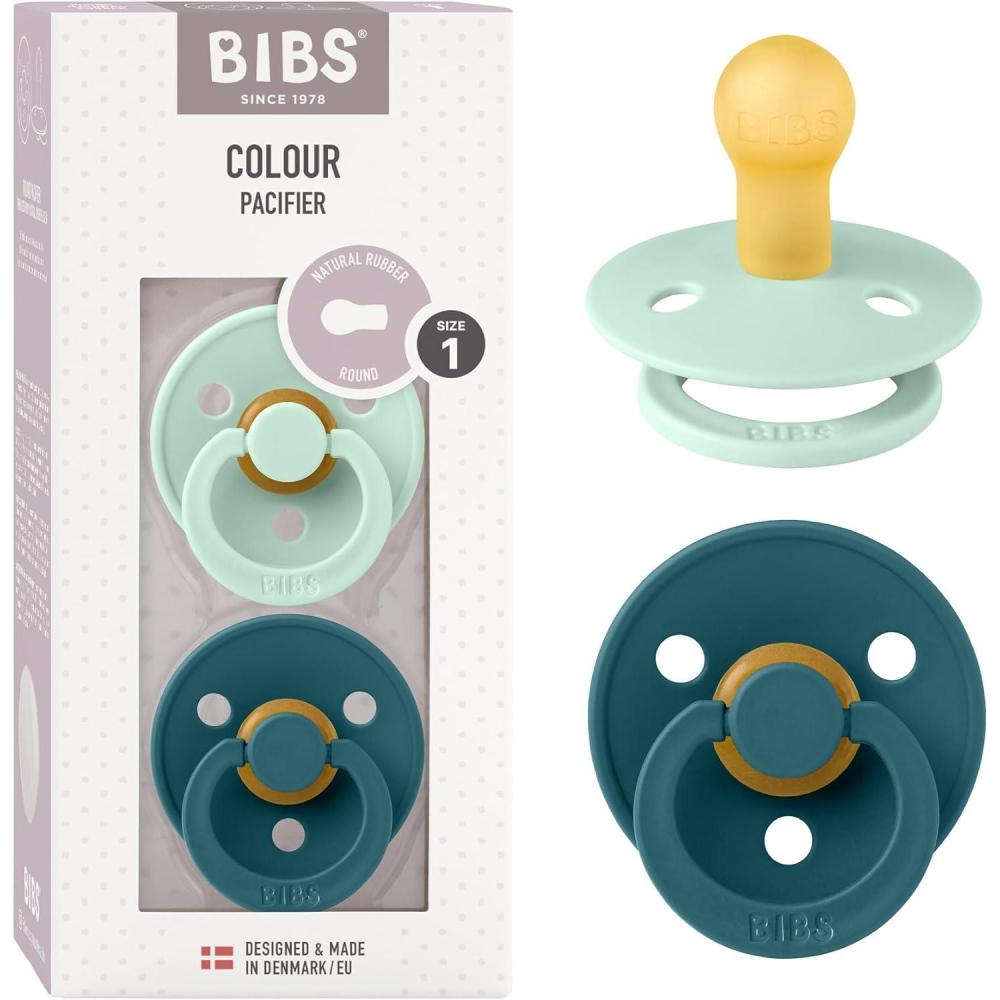 image:imageBibs Pacifiers Color Collection Set of 2 BPAFree Latex Pacifiers Made in Europe Round Nipple Baby PacifierNordic Mint Forest Lake