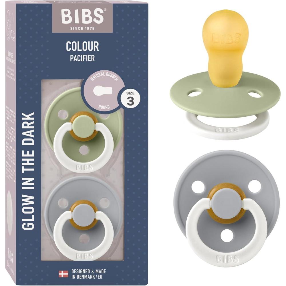 image:imageBibs Pacifiers Color Collection Set of 2 BPAFree Latex Pacifiers Made in Europe Round Nipple Baby PacifierSage NIGHT Cloud NIGHT