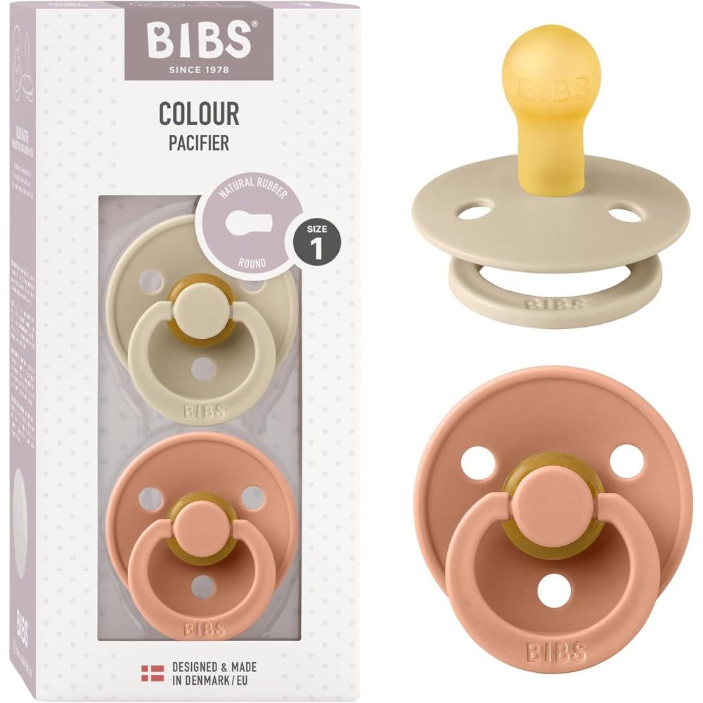 image:imageBibs Pacifiers Color Collection Set of 2 BPAFree Latex Pacifiers Made in Europe Round Nipple Baby PacifierVanilla Peach
