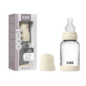 image:imageBIBS Baby Glass Bottle 4 US fl oz  120 ml AntiColic Vented Round Silicone Nipple Supports Natural Breastfeeding Slow Flow Complete Set  Baby BlueIvory