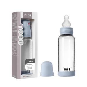 image:imageBIBS Baby Glass Bottle 8 US fl oz  240 ml AntiColic Vented Round Silcone Nipple Supports Natural Breastfeeding Medium Flow Complete Set  Baby Blue