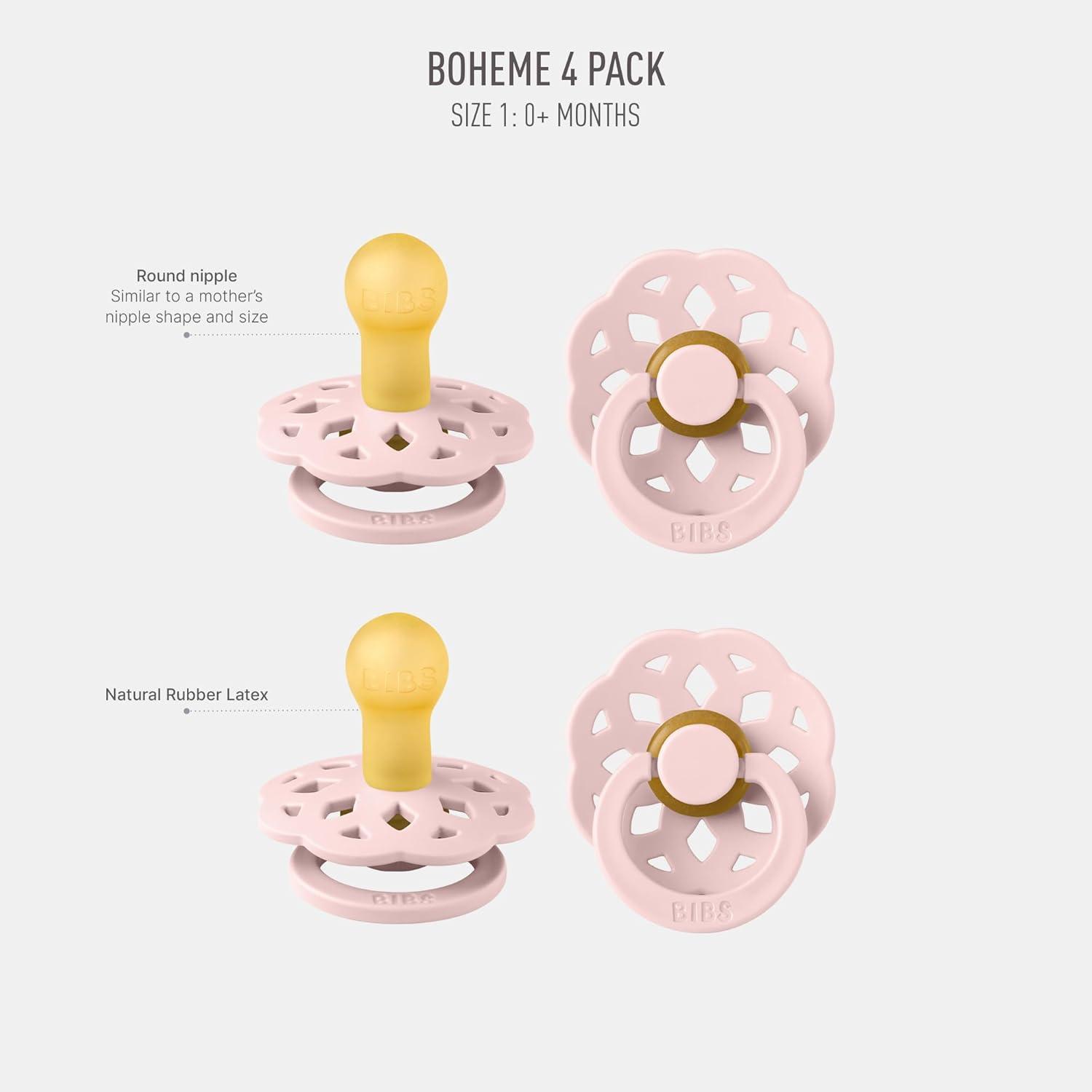 image:imageBIBS Boheme Rubber Pacifier Set for 618 Months BPAFree Round Latex Nipple Soothers Toddler Teat Set Made in Denmark 4Pack Dusty LilacBlossom