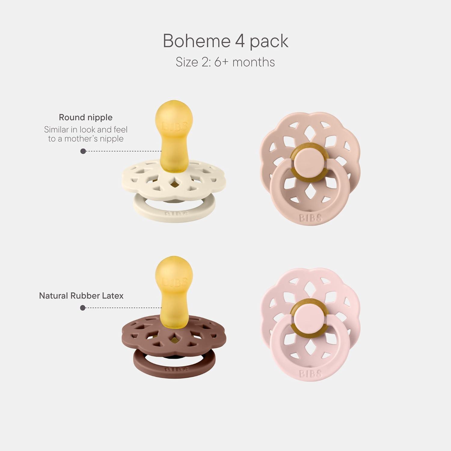 image:imageBIBS Boheme Rubber Pacifier Set for 618 Months BPAFree Round Latex Nipple Soothers Toddler Teat Set Made in Denmark 4Pack Dusty LilacBlush Mix