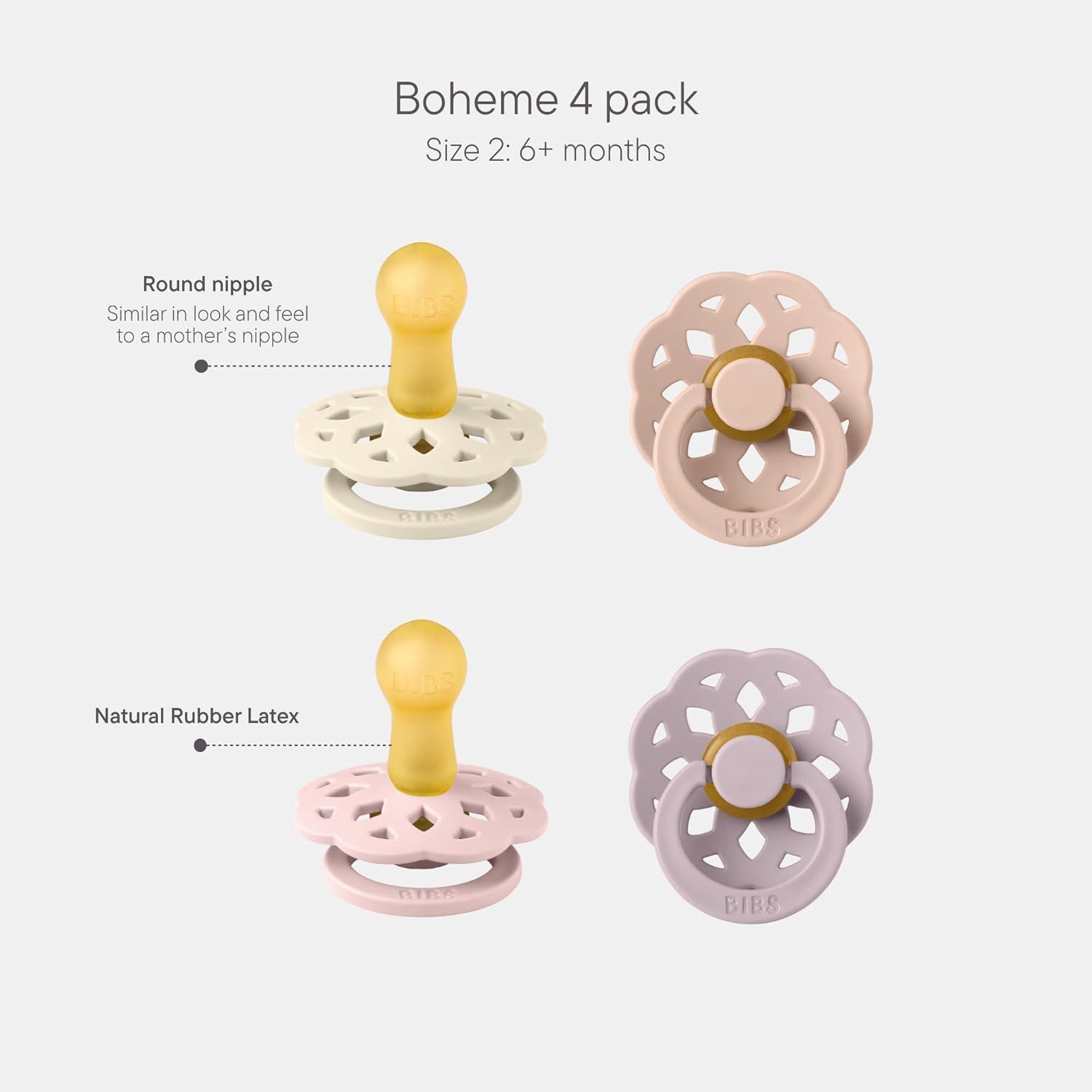 image:imageBIBS Boheme Rubber Pacifier Set for 618 Months BPAFree Round Latex Nipple Soothers Toddler Teat Set Made in Denmark 4Pack Dusty LilacDusky Lilac Mix