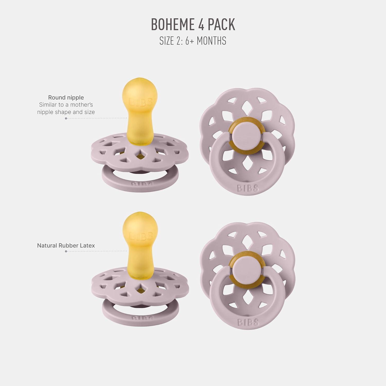 image:imageBIBS Boheme Rubber Pacifier Set for 618 Months BPAFree Round Latex Nipple Soothers Toddler Teat Set Made in Denmark 4Pack Dusty LilacDusty Lilac