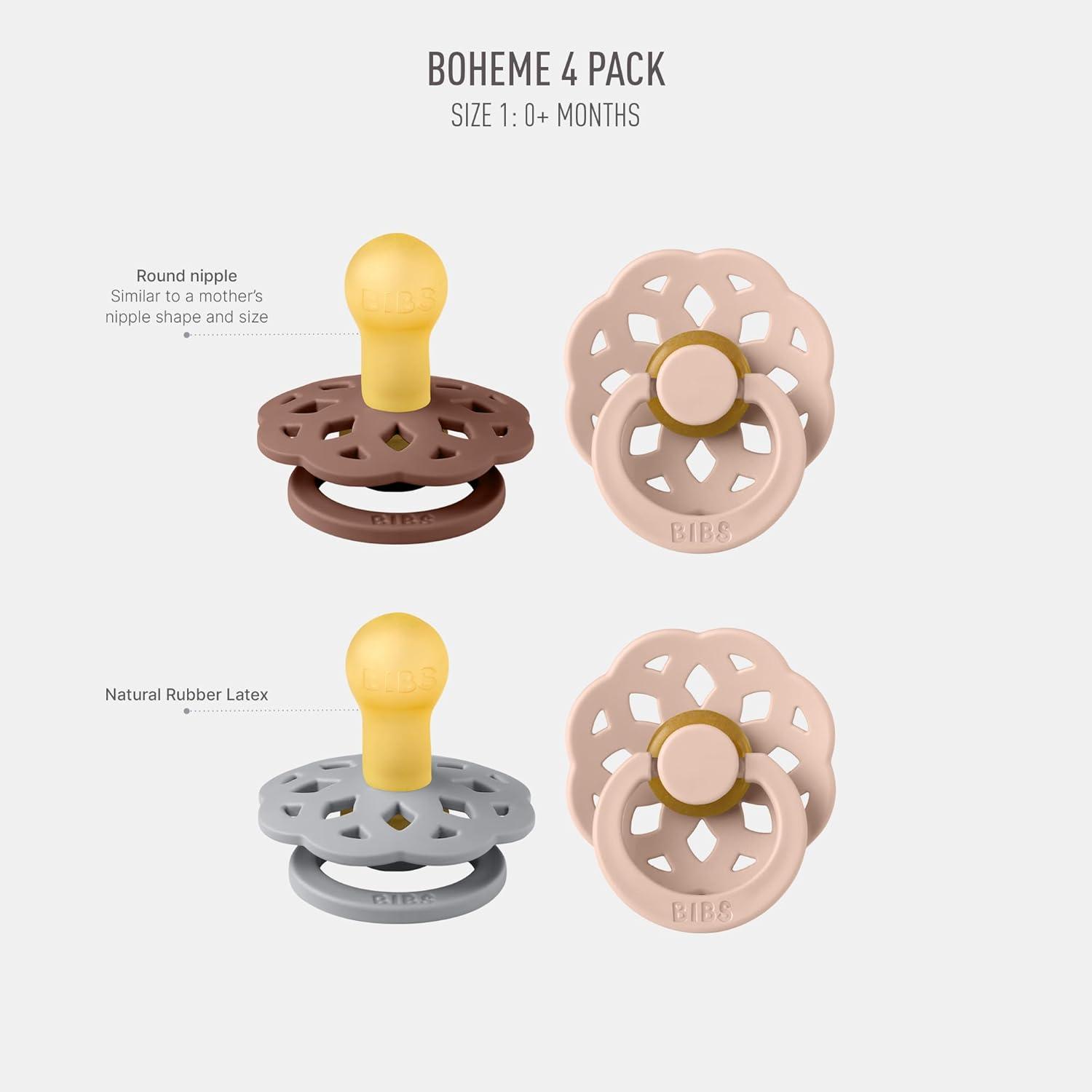 image:imageBIBS Boheme Soother 4Pack BPA Free Dummy Pacifier Round Nipple Natural Rubber Latex Made in Denmark Size 06 Months Blossom MixWoodchuck Mix