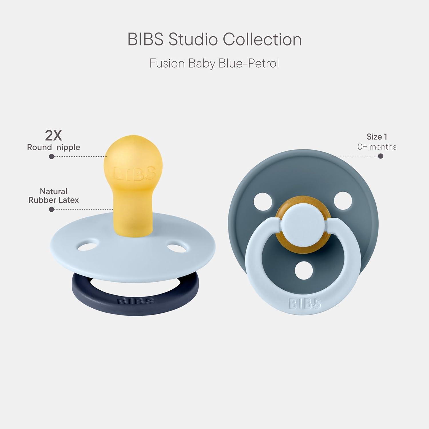 image:imageBIBS Colour Studio Pacifier 2Pack BPA Free Round Nipple Natural Rubber Latex Made in Denmark Size 1 06 Months Dusky LilacPlumBaby Blue Petrol
