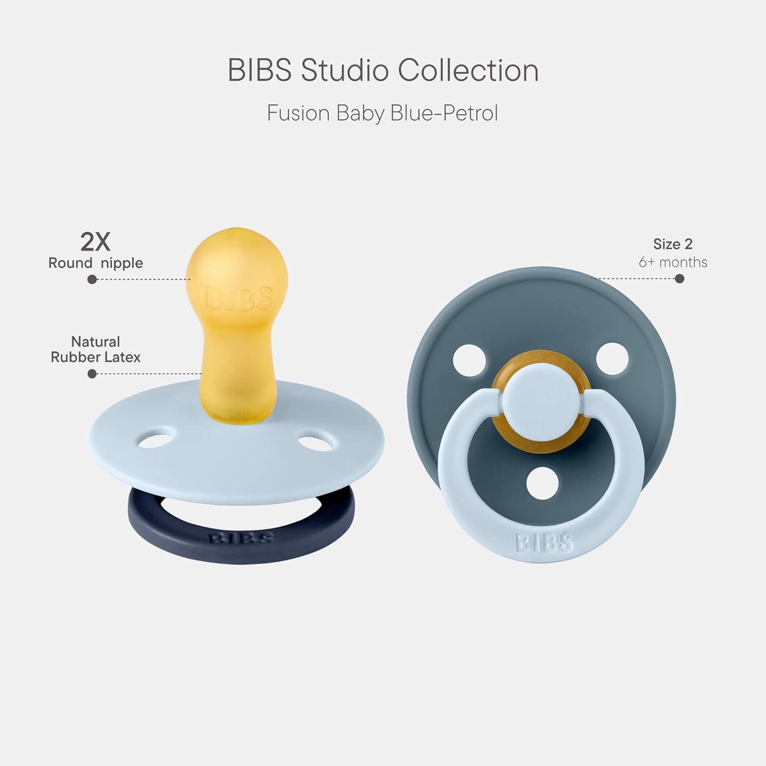 image:imageBIBS Colour Studio Pacifier 2Pack BPA Free Round Nipple Natural Rubber Latex Made in Denmark Size 1 06 Months Dusky LilacPlumBaby Blue Petrol