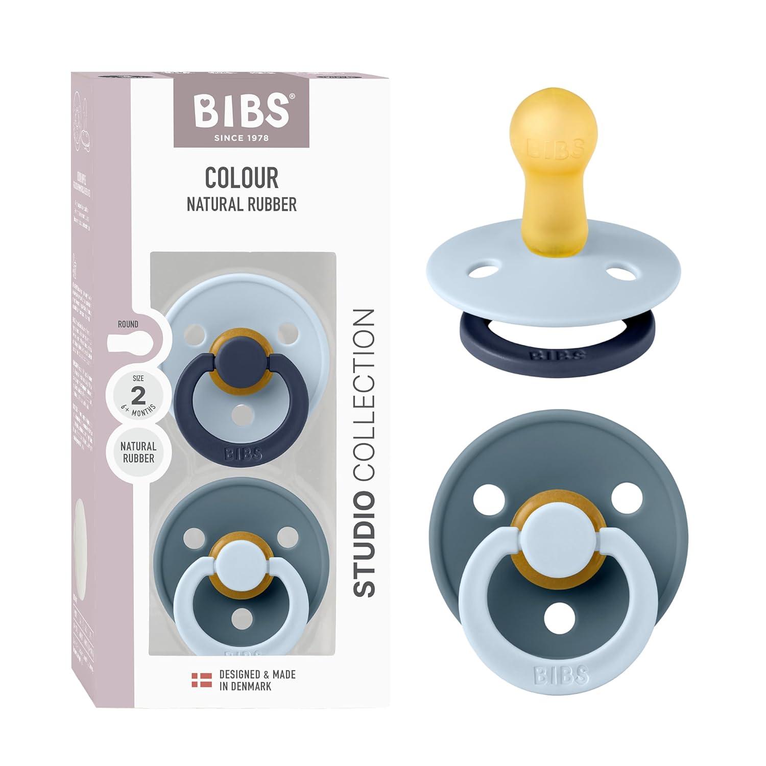 image:imageBIBS Colour Studio Pacifier 2Pack BPA Free Round Nipple Natural Rubber Latex Made in Denmark Size 1 06 Months Dusky LilacPlumBaby Blue Petrol