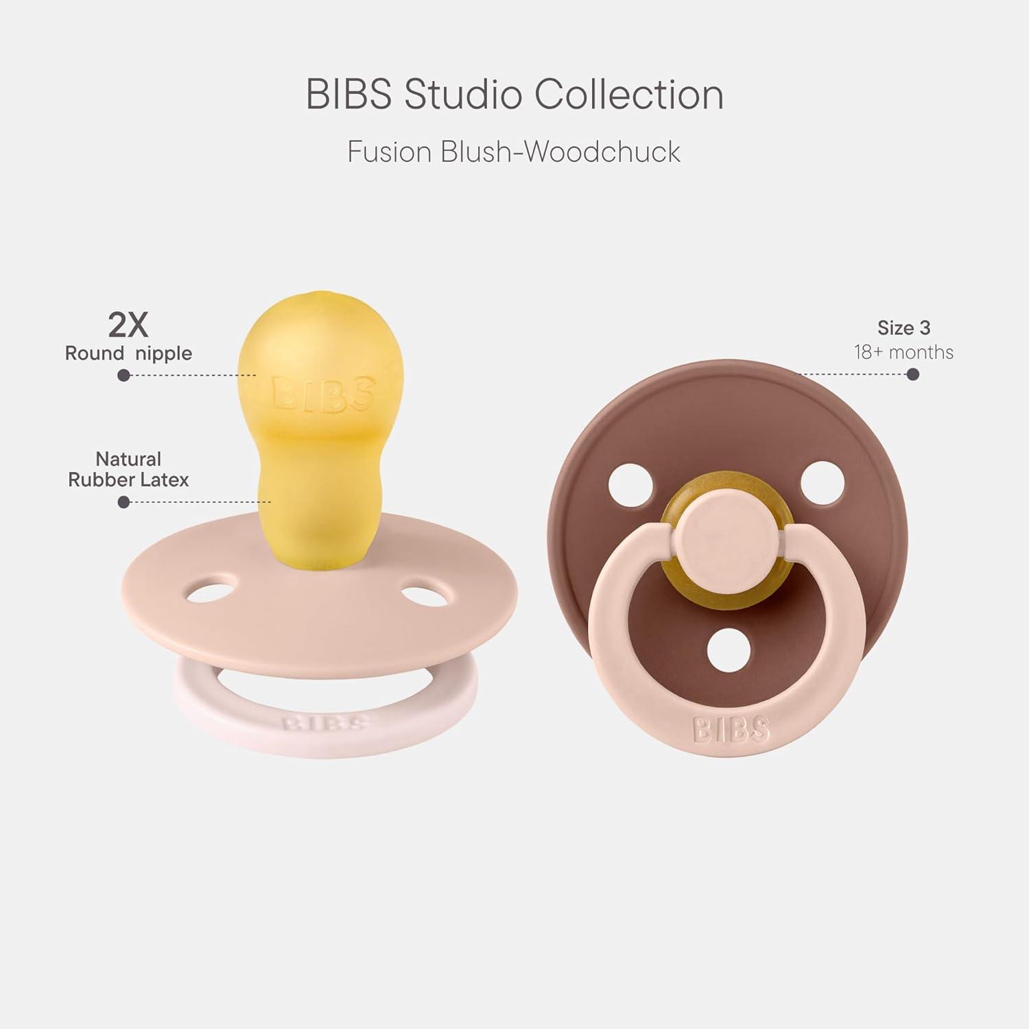 image:imageBIBS Colour Studio Pacifier 2Pack BPA Free Round Nipple Natural Rubber Latex Made in Denmark Size 1 06 Months Dusky LilacPlumBlush Woodchuck