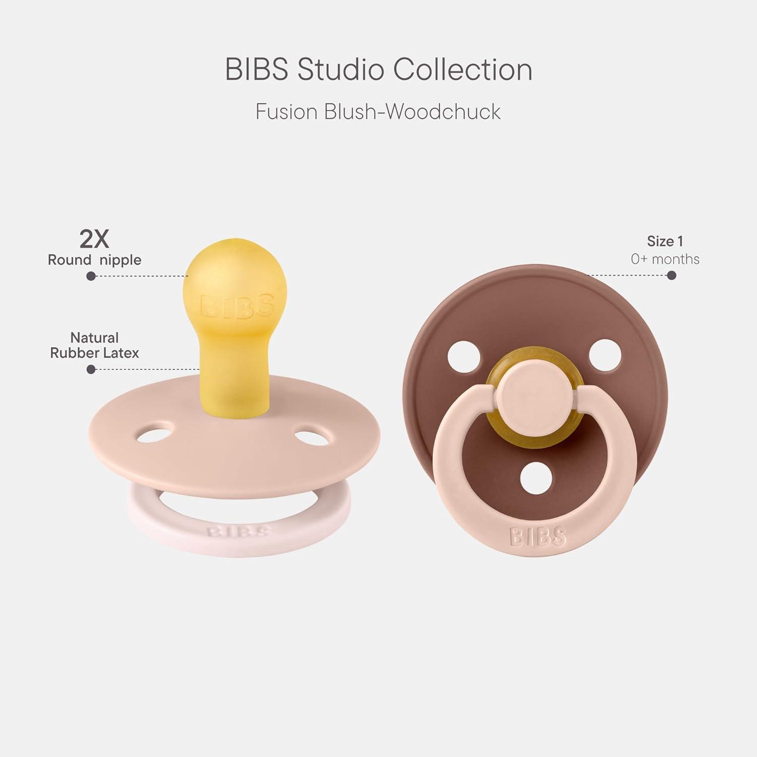 image:imageBIBS Colour Studio Pacifier 2Pack BPA Free Round Nipple Natural Rubber Latex Made in Denmark Size 1 06 Months Dusky LilacPlumBlush Woodchuck