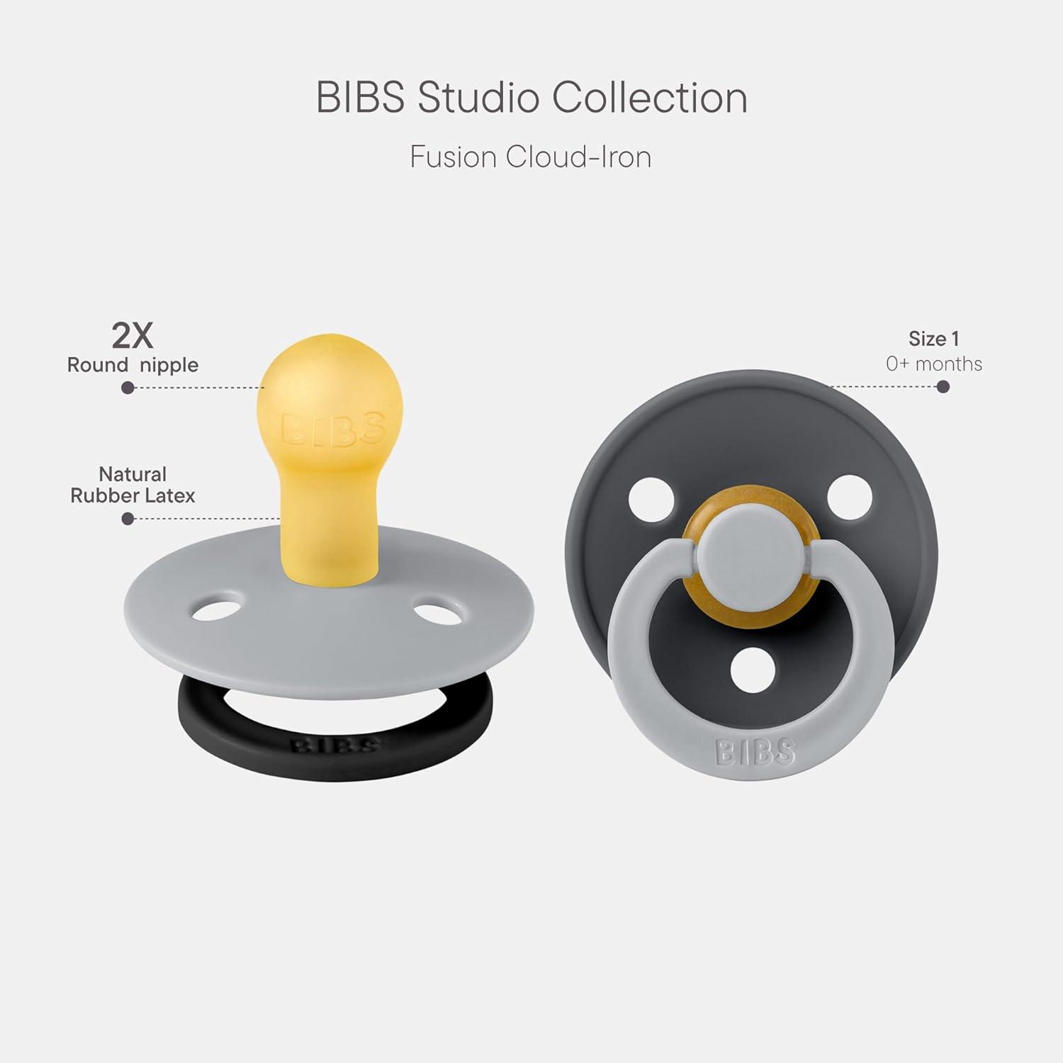 image:imageBIBS Colour Studio Pacifier 2Pack BPA Free Round Nipple Natural Rubber Latex Made in Denmark Size 1 06 Months Dusky LilacPlumCloud Iron