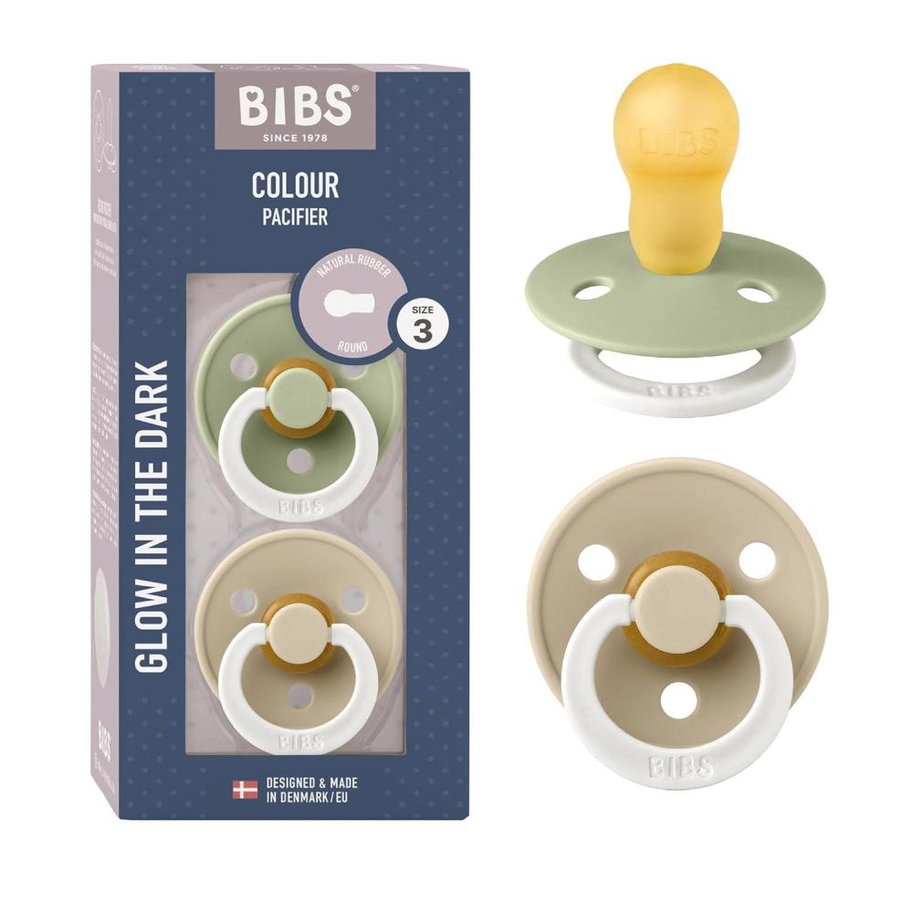 image:imageBibs Pacifiers Natural Rubber Baby Pacifier Set of 2 BPAFree Soothers Made in Denmark Sage NightCloud Night Size 618 MonthsSage Glow Vanilla Glow