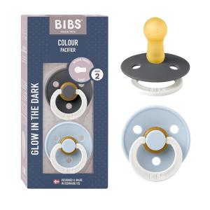 image:imageBIBS Colour Glow Soother 2Pack Glow in The Dark BPA Free Dummy Pacifier Round Nipple Natural Rubber Latex Size 2 618 Months Iron NightBaby Blue Night