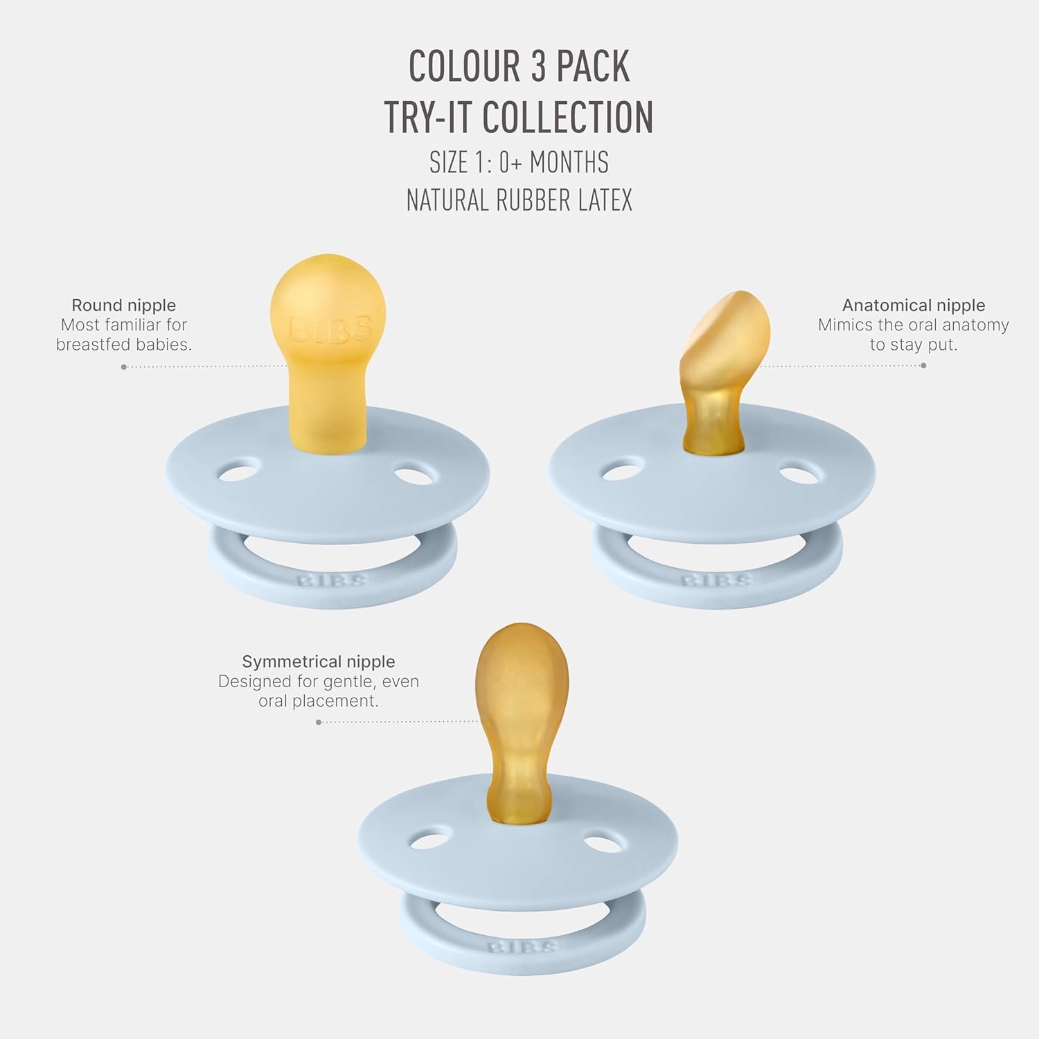 image:imageBIBS Pacifiers 06 Months 3Pack Soothers BPAFree Symmetrical Nipple Made in Denmark Ivory TryIt Collection IvoryBaby Blue