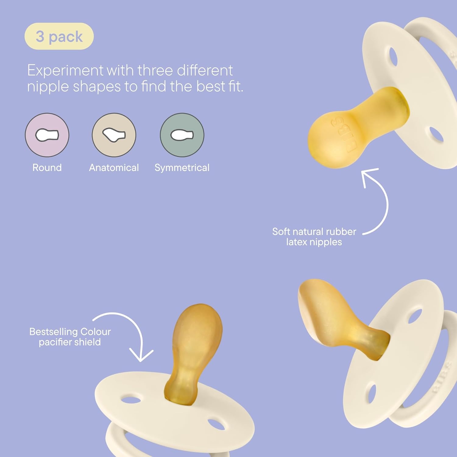 image:imageBIBS Pacifiers 06 Months 3Pack Soothers BPAFree Symmetrical Nipple Made in Denmark Ivory TryIt Collection IvoryBaby Blue