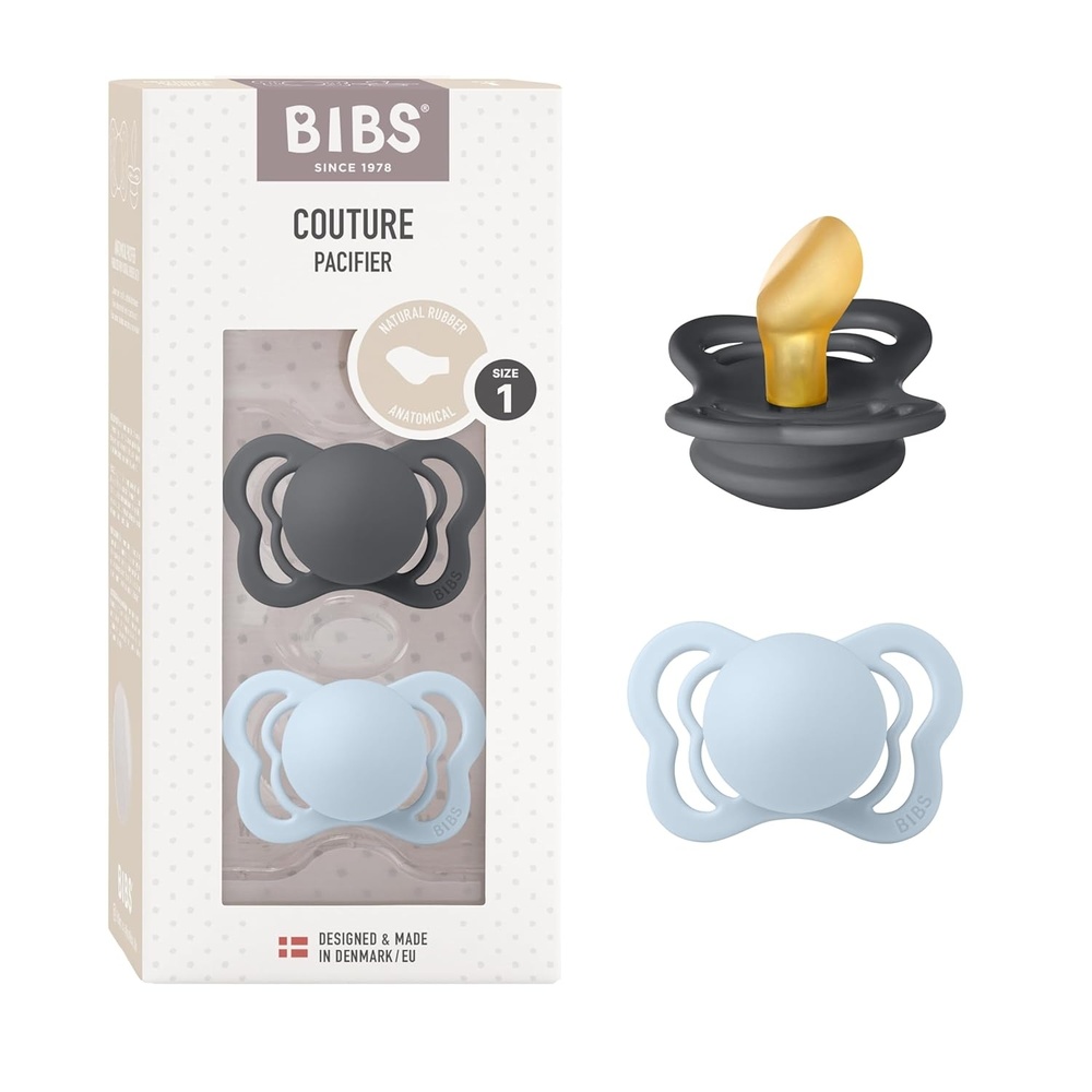 image:imageBIBS Pacifiers Couture Collection BPAFree Round Nipple Natural Rubber Latex Made in Denmark Set of 2 IvorySage Color Premium Soothers Size 06 MonthsIron Baby Blue