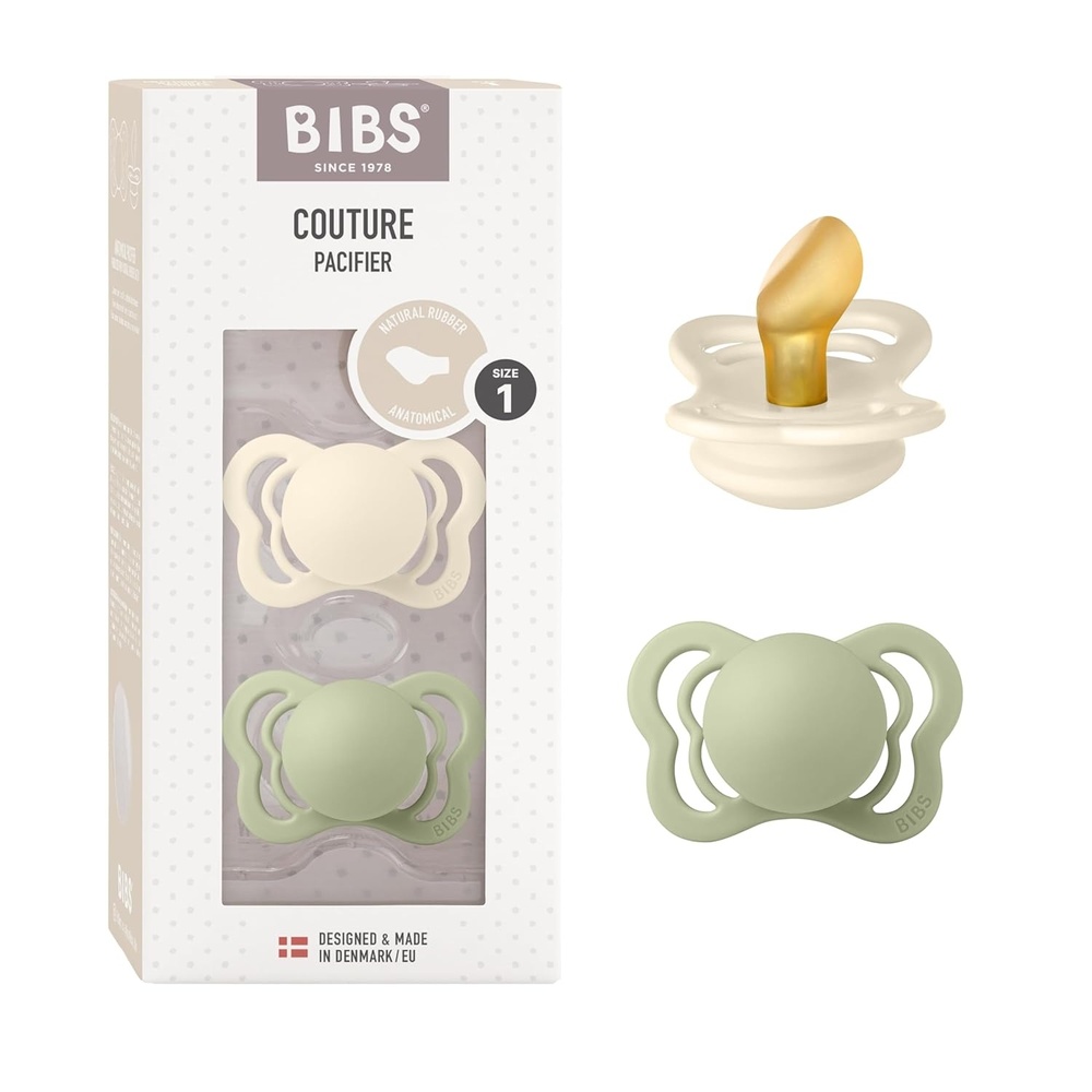 image:imageBIBS Pacifiers Couture Collection BPAFree Round Nipple Natural Rubber Latex Made in Denmark Set of 2 IvorySage Color Premium Soothers Size 06 MonthsIvory Sage