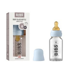 image:imageBIBS Baby Glass Bottle AntiColic Round Natural Rubber Latex Nipple Supports Natural Breastfeeding Complete Set  110 ml Baby Blue
