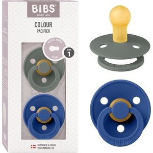 image:imageBibs Pacifiers Color Collection Set of 2 BPAFree Latex Pacifiers Made in Europe Round Nipple Baby PacifierPineCornflower