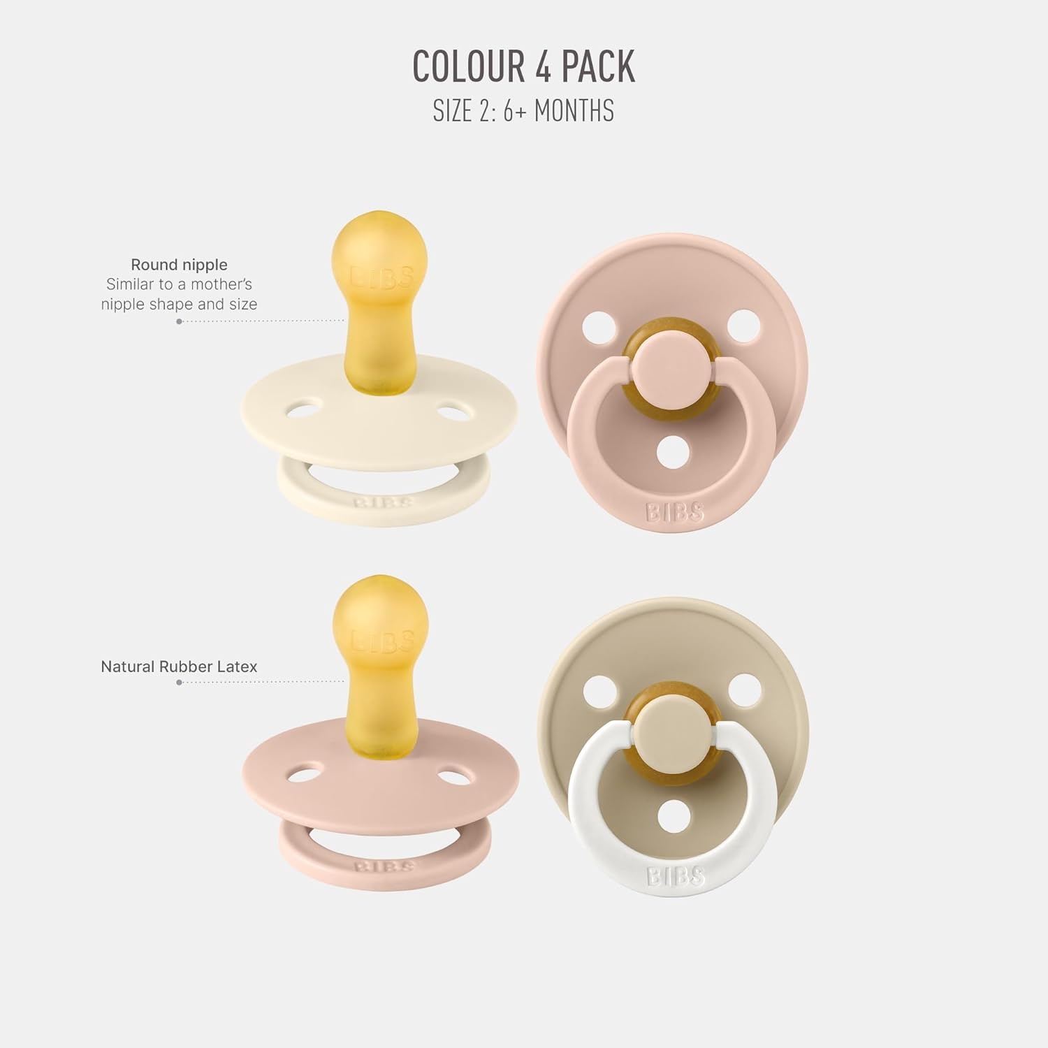 image:imageBIBS Color Pacifiers 4Pack BPA Free Soother Pacifier Round Nipple Natural Rubber Latex Made in Europe Size 1836 Months Sage Glow MixBlush Glow Mix