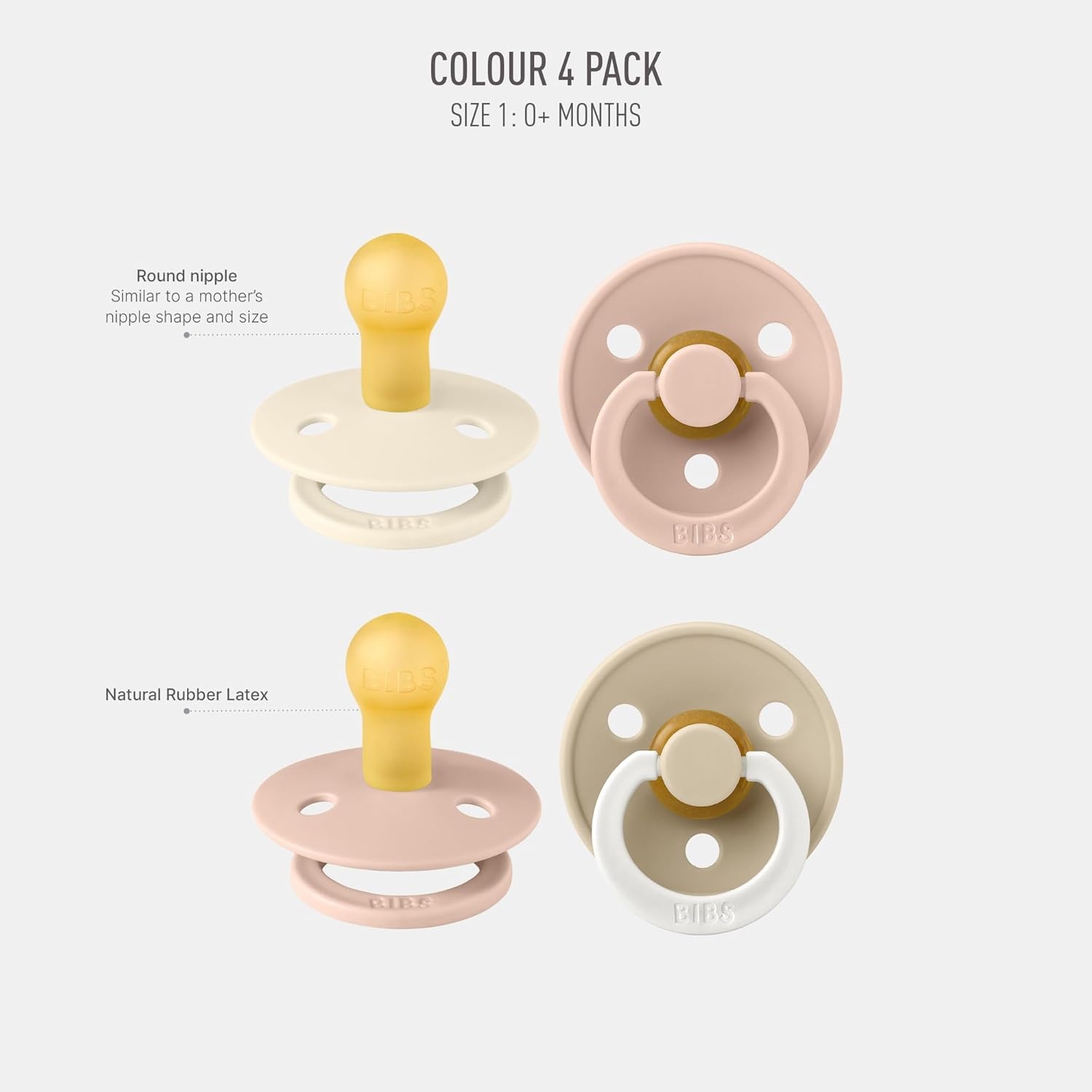 image:imageBIBS Color Pacifiers 4Pack BPA Free Soother Pacifier Round Nipple Natural Rubber Latex Made in Europe Size 1836 Months Sage Glow MixBlush Glow Mix