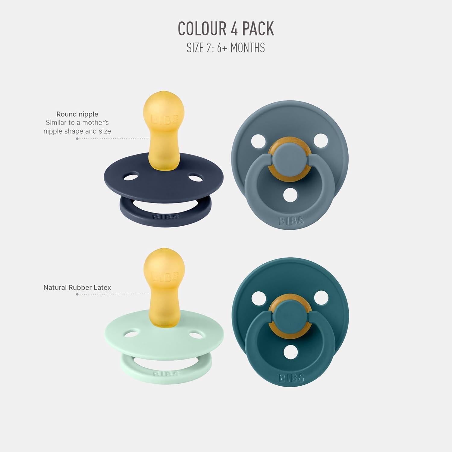 image:imageBIBS Color Pacifiers 4Pack BPA Free Soother Pacifier Round Nipple Natural Rubber Latex Made in Europe Size 1836 Months Sage Glow MixBoy Colors