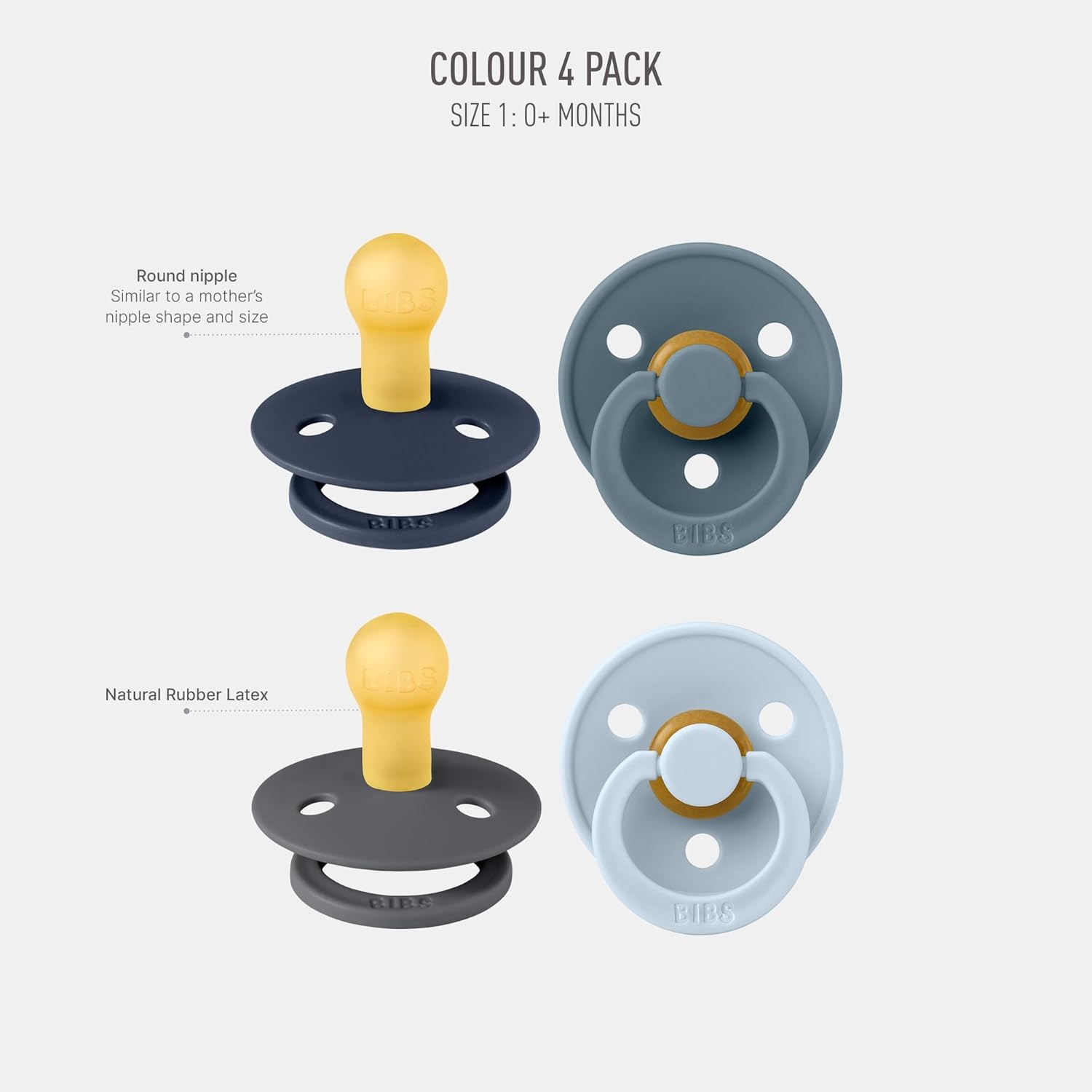 image:imageBIBS Color Pacifiers 4Pack BPA Free Soother Pacifier Round Nipple Natural Rubber Latex Made in Europe Size 1836 Months Sage Glow MixDeep Space Mix
