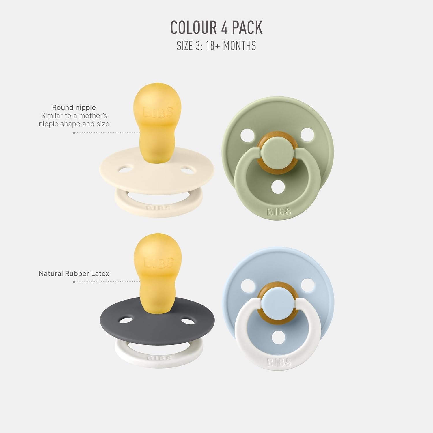 image:imageBIBS Color Pacifiers 4Pack BPA Free Soother Pacifier Round Nipple Natural Rubber Latex Made in Europe Size 1836 Months Sage Glow MixDeep Space Mix
