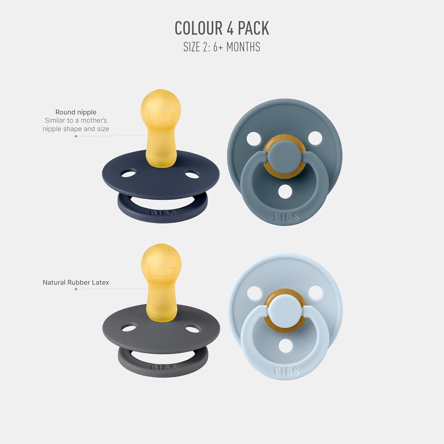 image:imageBIBS Color Pacifiers 4Pack BPA Free Soother Pacifier Round Nipple Natural Rubber Latex Made in Europe Size 1836 Months Sage Glow MixDeep Space Mix