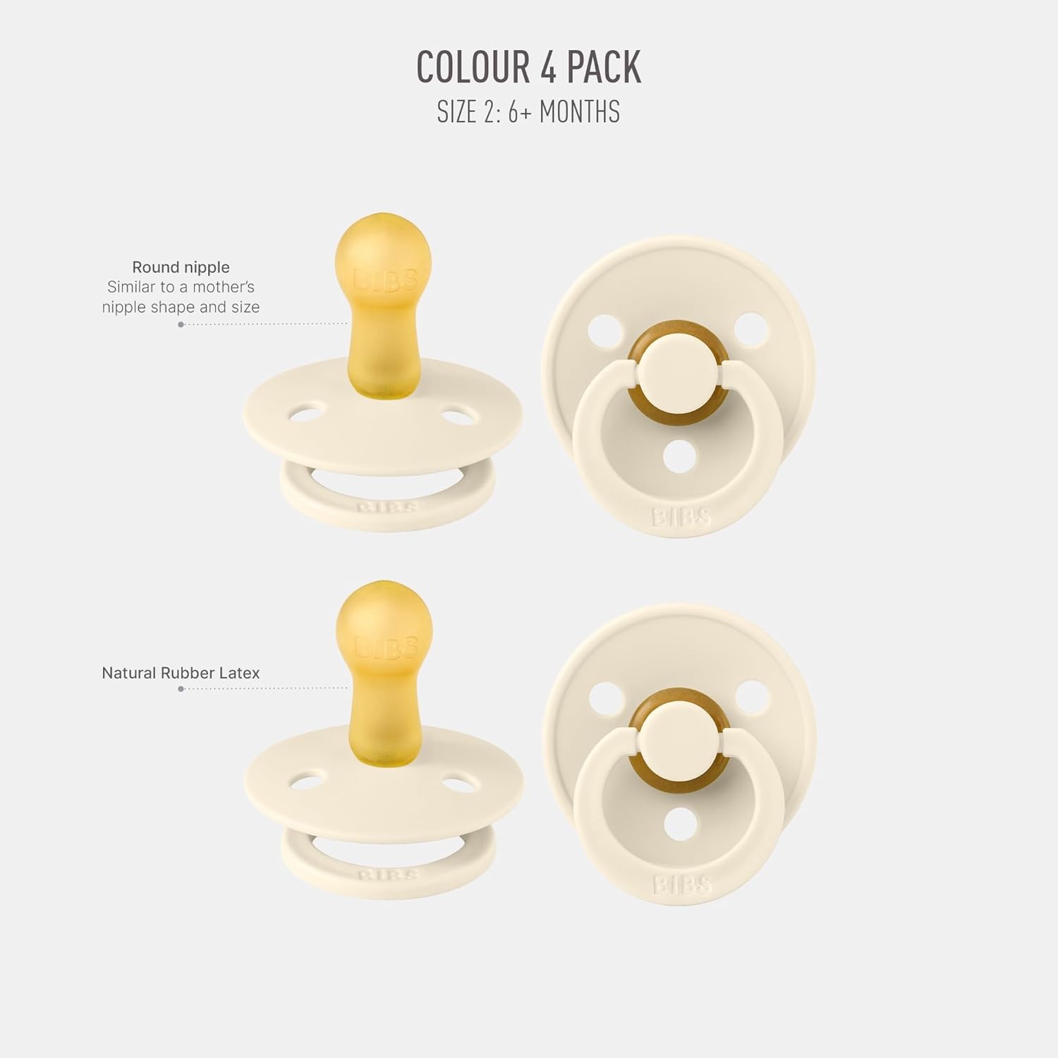 image:imageBIBS Color Pacifiers 4Pack BPA Free Soother Pacifier Round Nipple Natural Rubber Latex Made in Europe Size 1836 Months Sage Glow MixIvory