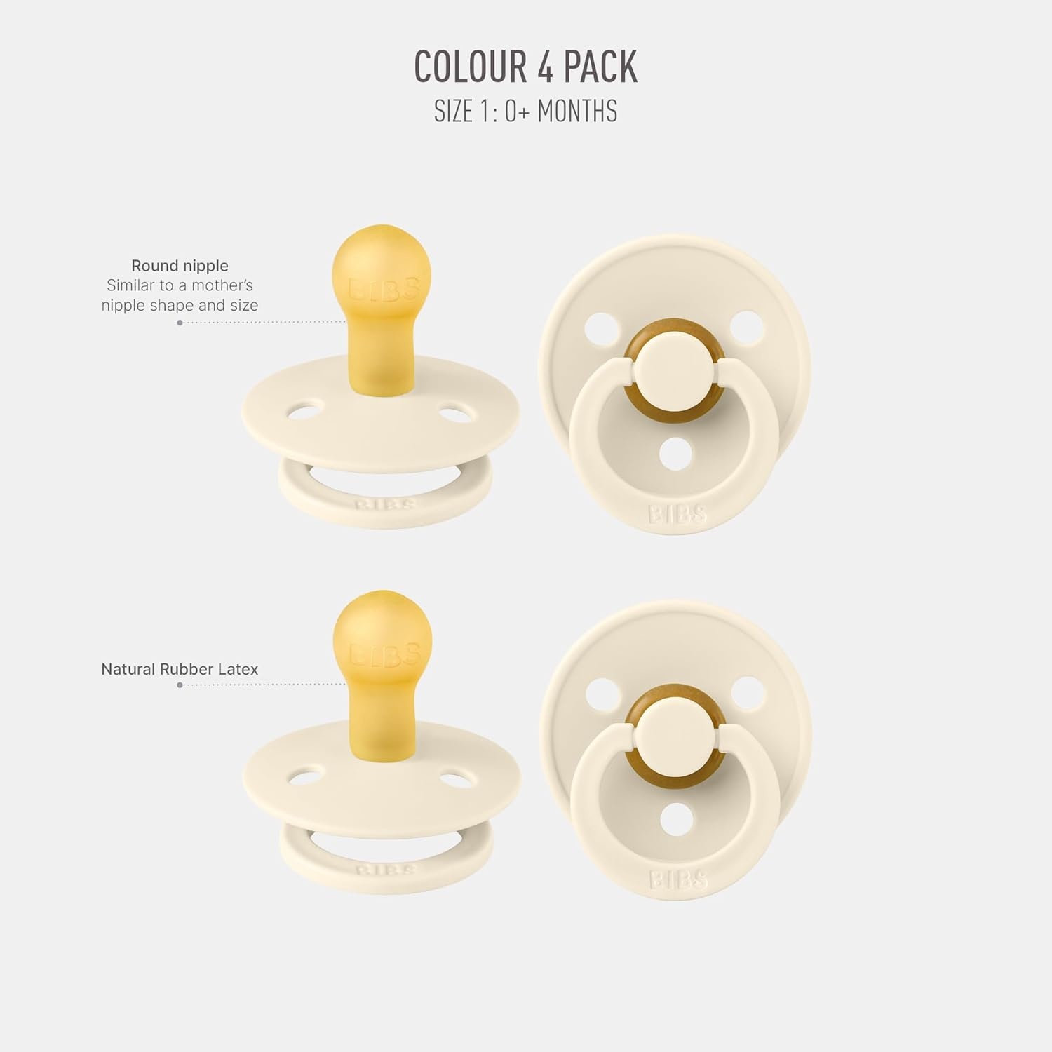 image:imageBIBS Color Pacifiers 4Pack BPA Free Soother Pacifier Round Nipple Natural Rubber Latex Made in Europe Size 1836 Months Sage Glow MixIvory