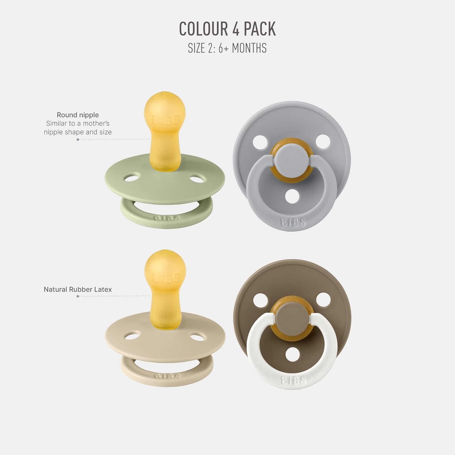 image:imageBIBS Color Pacifiers 4Pack BPA Free Soother Pacifier Round Nipple Natural Rubber Latex Made in Europe Size 1836 Months Sage Glow MixVanilla Glow Mix