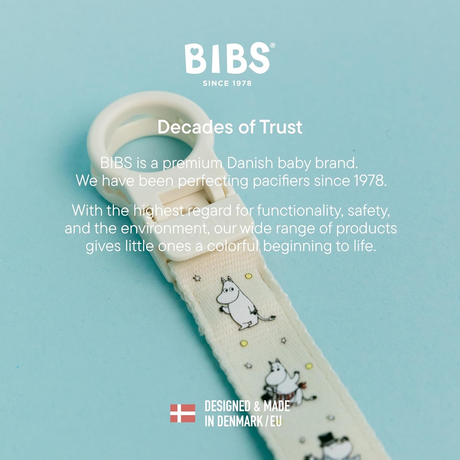 image:imageBIBS Loop Pacifier Clip Sleek Secure OneHanded Operation Fits All BIBS and Most Brands Machine Washable Slim Profile for Comfort Ages 0 Dark OakIvory Moomin