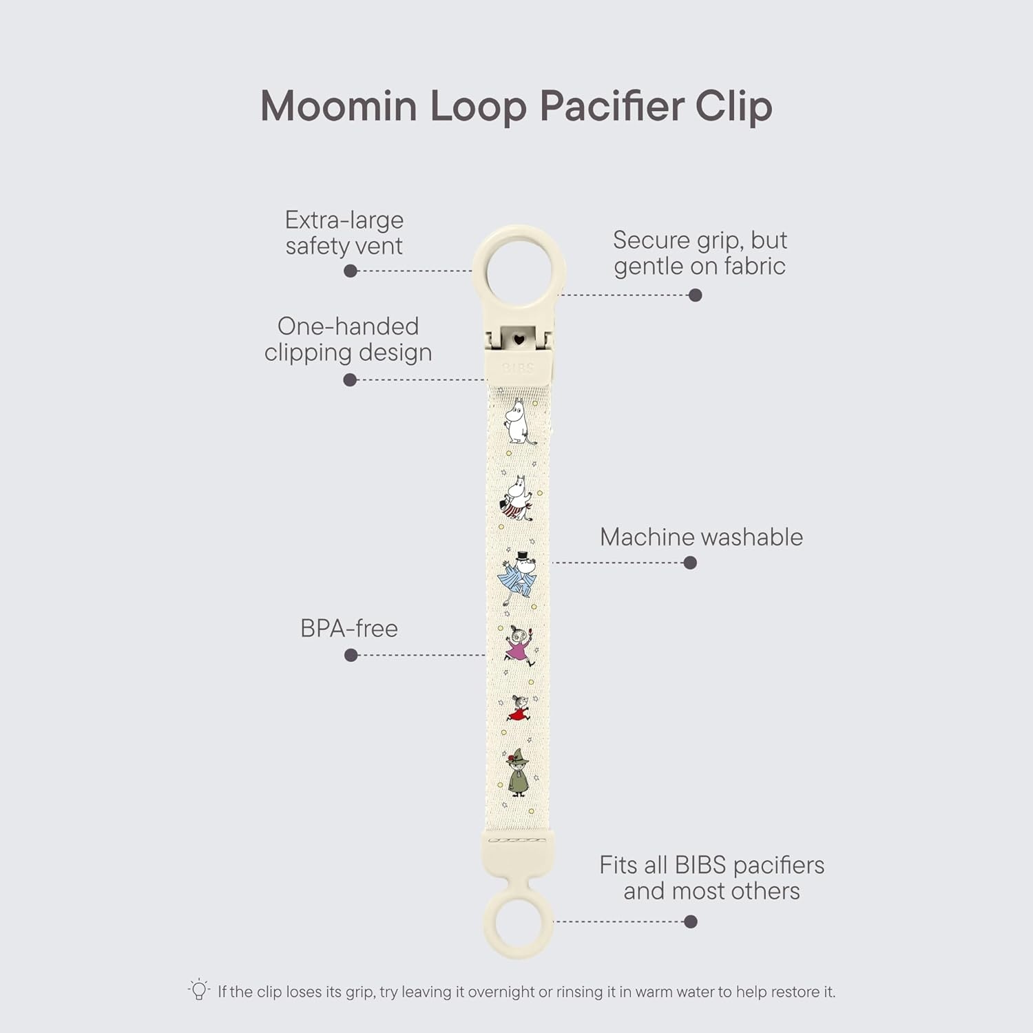 image:imageBIBS Loop Pacifier Clip Sleek Secure OneHanded Operation Fits All BIBS and Most Brands Machine Washable Slim Profile for Comfort Ages 0 Dark OakIvory Moomin