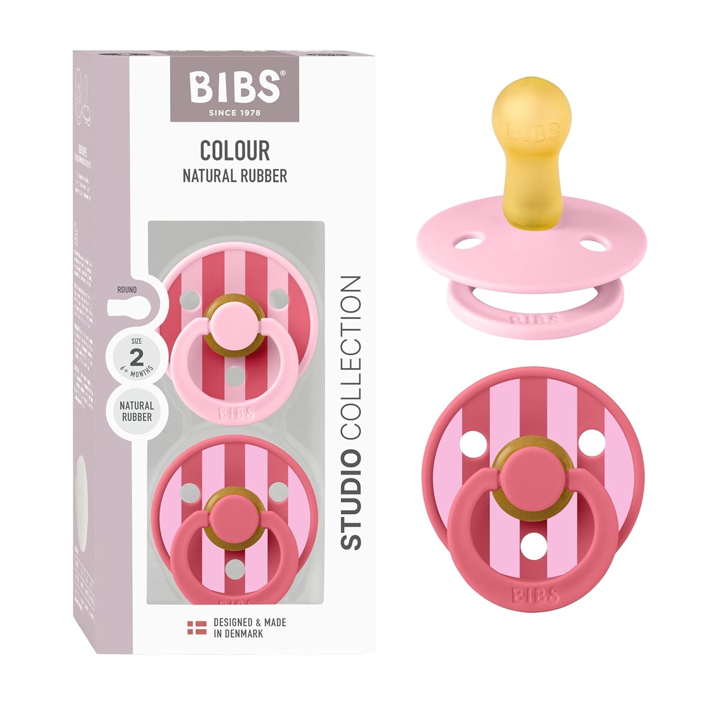 image:imageBIBS Pacifiers Studio 2 Pack Round Nipple Baby Pacifier BPA Free Natural Rubber Latex Soother Made in Denmark Size 0 Months Block SandBlock Baby Pink Coral