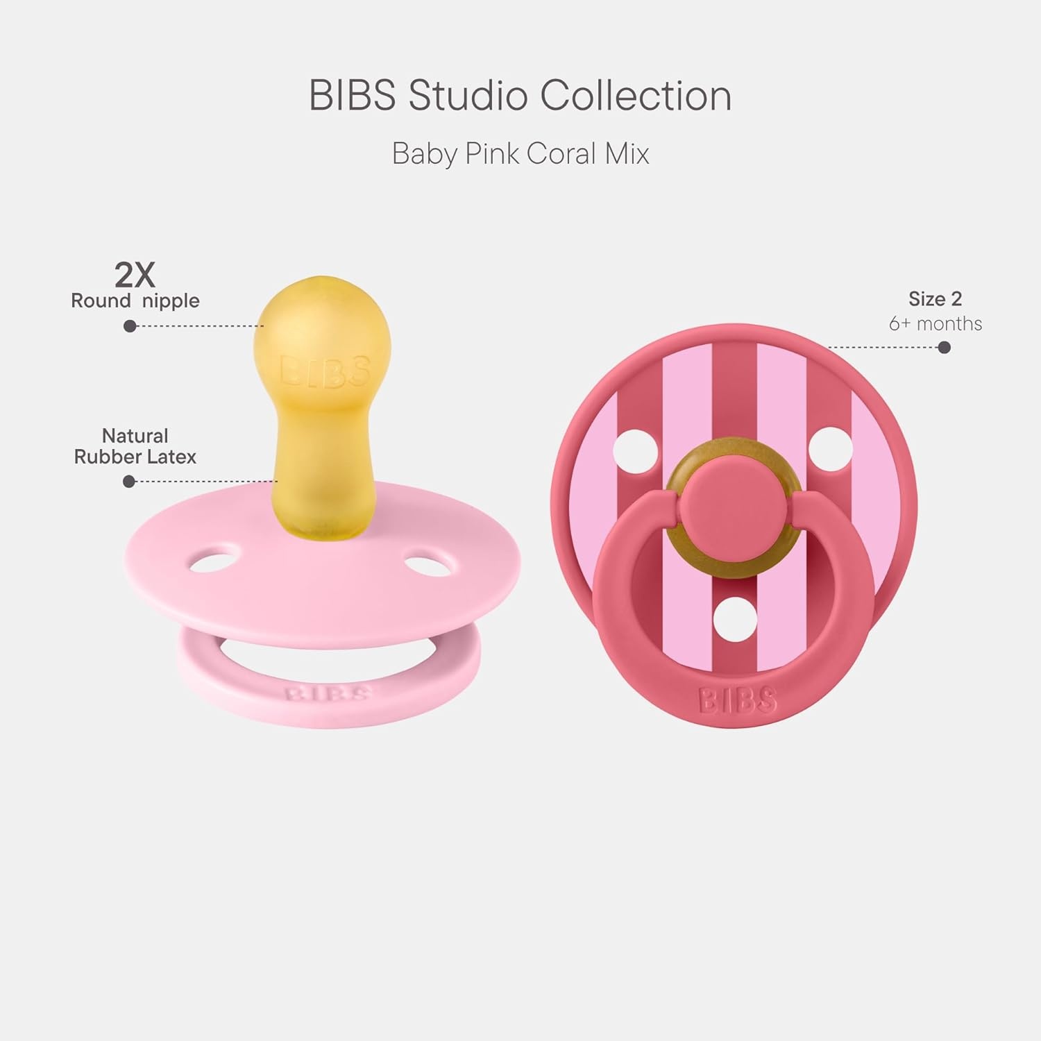 image:imageBIBS Pacifiers Studio 2 Pack Round Nipple Baby Pacifier BPA Free Natural Rubber Latex Soother Made in Denmark Size 0 Months Block SandBlock Baby Pink Coral