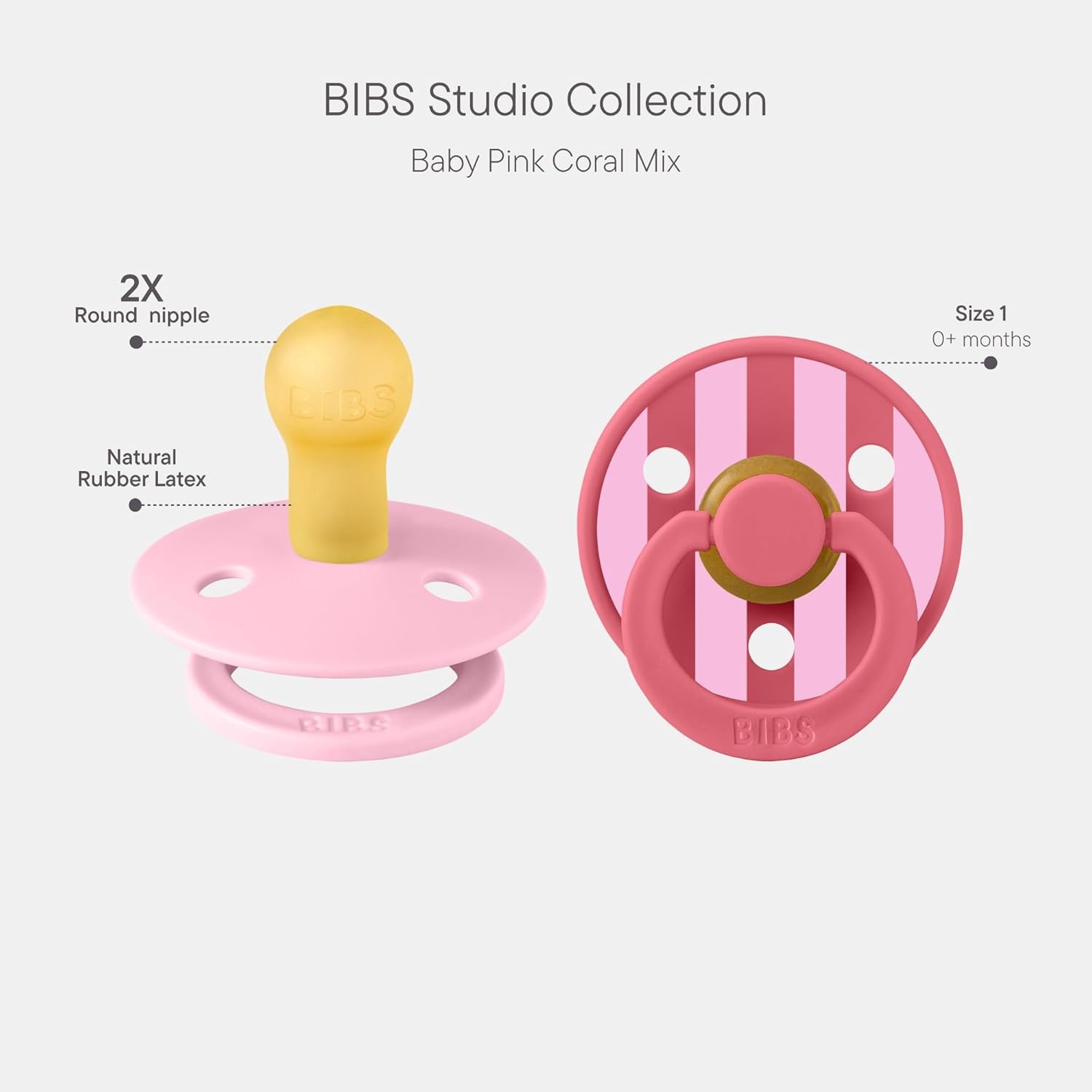 image:imageBIBS Pacifiers Studio 2 Pack Round Nipple Baby Pacifier BPA Free Natural Rubber Latex Soother Made in Denmark Size 0 Months Block SandBlock Baby Pink Coral