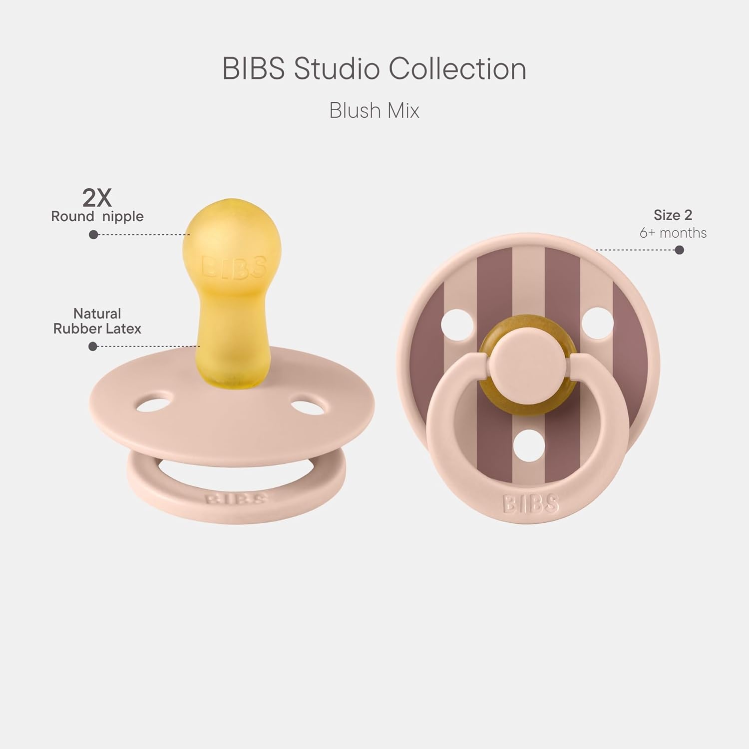image:imageBIBS Pacifiers Studio 2 Pack Round Nipple Baby Pacifier BPA Free Natural Rubber Latex Soother Made in Denmark Size 0 Months Block SandBlock Blush