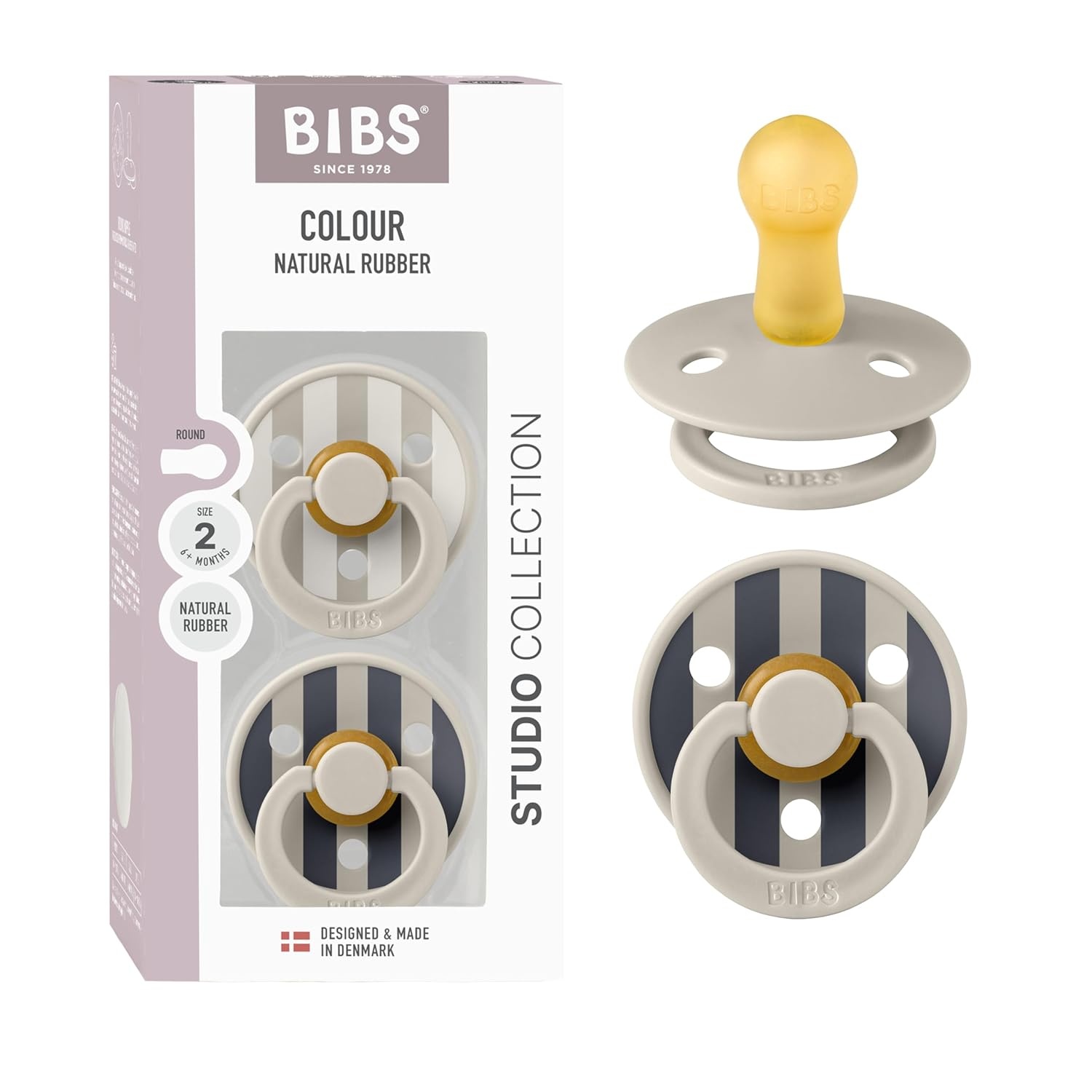 image:imageBIBS Pacifiers Studio 2 Pack Round Nipple Baby Pacifier BPA Free Natural Rubber Latex Soother Made in Denmark Size 0 Months Block SandBlock Sand