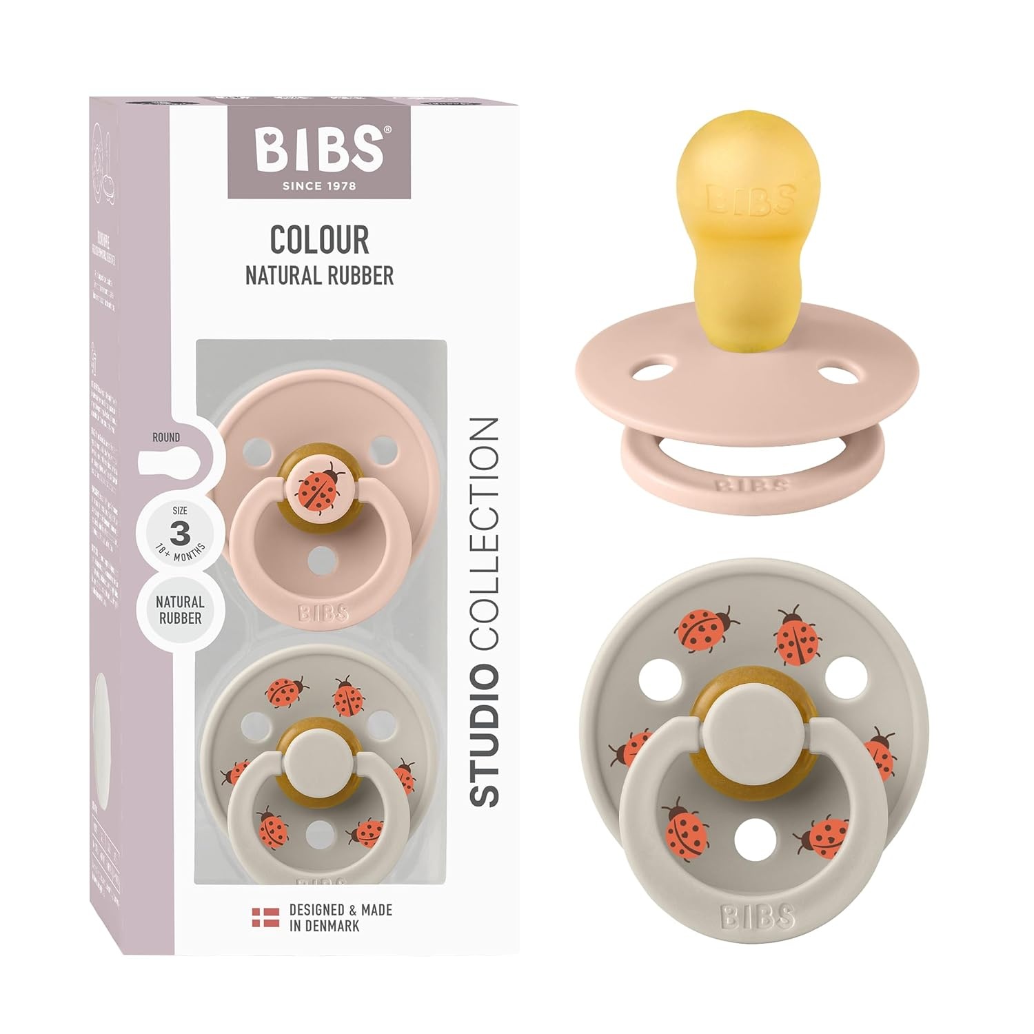 image:imageBIBS Pacifiers Studio 2 Pack Round Nipple Baby Pacifier BPA Free Natural Rubber Latex Soother Made in Denmark Size 0 Months Block SandBlush Sand