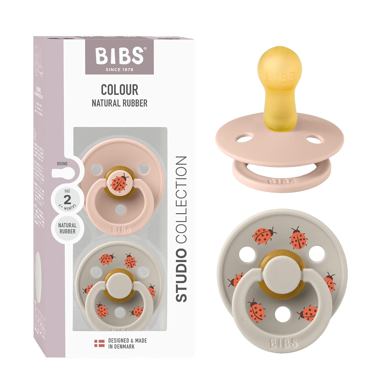 image:imageBIBS Pacifiers Studio 2 Pack Round Nipple Baby Pacifier BPA Free Natural Rubber Latex Soother Made in Denmark Size 0 Months Block SandBlush Sand