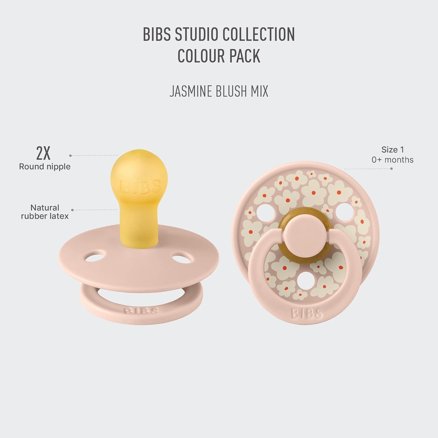 image:imageBIBS Pacifiers Studio 2 Pack Round Nipple Baby Pacifier BPA Free Natural Rubber Latex Soother Made in Denmark Size 0 Months Block SandJasmine Blush Mix