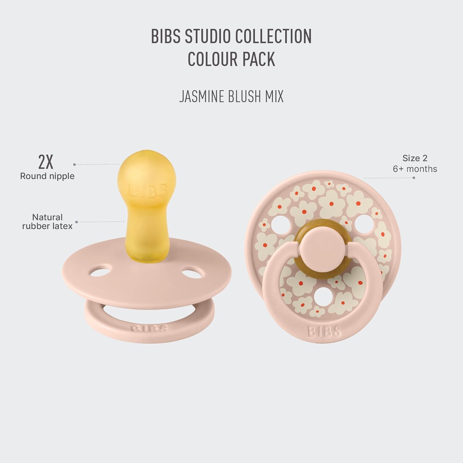 image:imageBIBS Pacifiers Studio 2 Pack Round Nipple Baby Pacifier BPA Free Natural Rubber Latex Soother Made in Denmark Size 0 Months Block SandJasmine Blush Mix