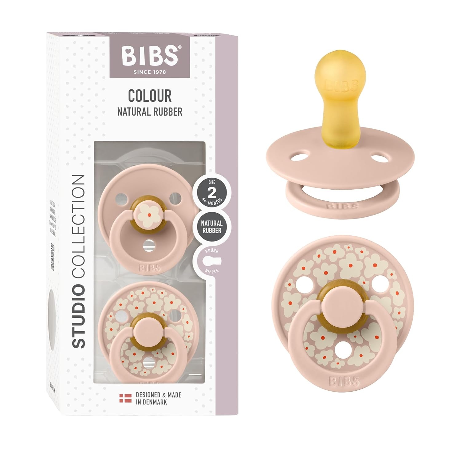 image:imageBIBS Pacifiers Studio 2 Pack Round Nipple Baby Pacifier BPA Free Natural Rubber Latex Soother Made in Denmark Size 0 Months Block SandJasmine Blush Mix