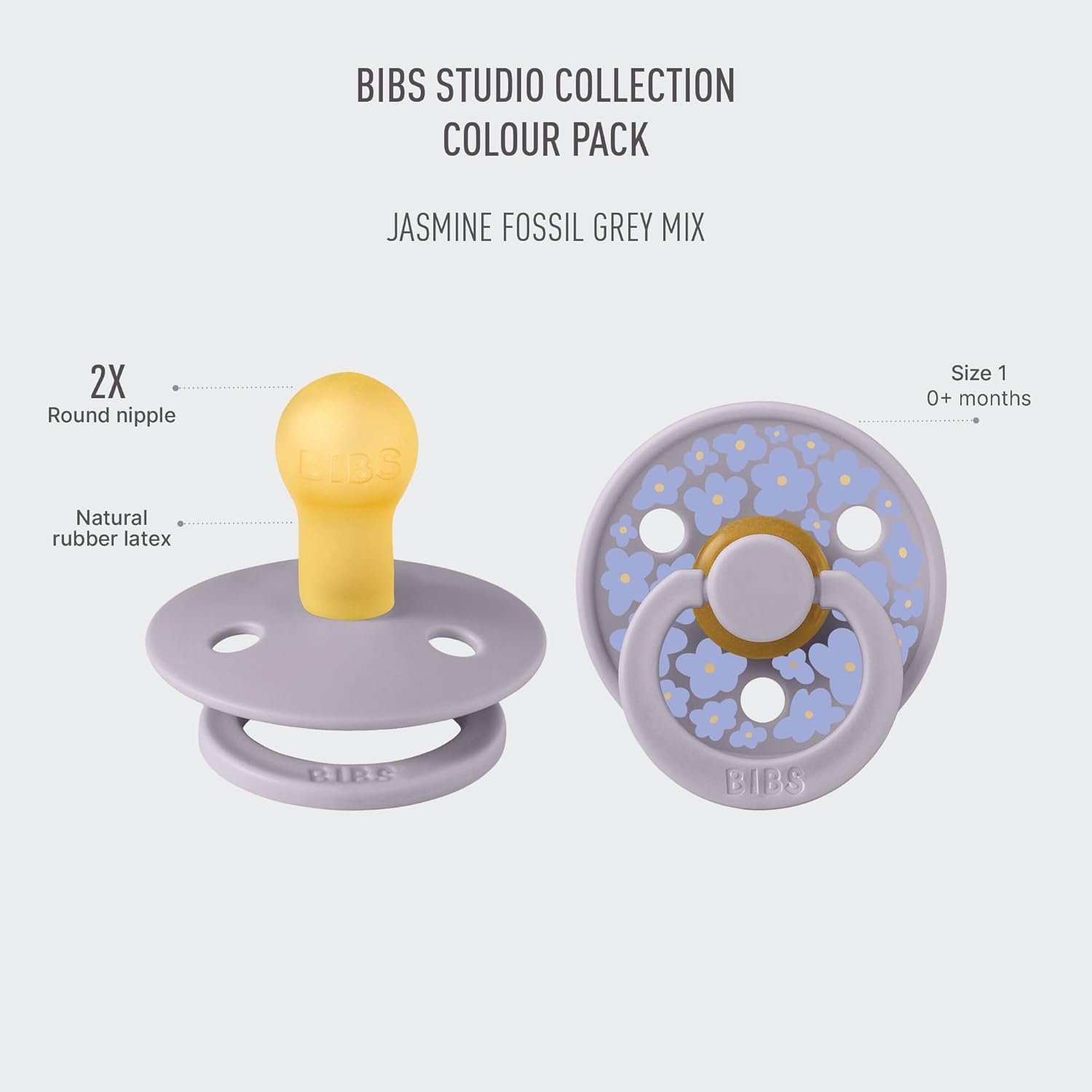 image:imageBIBS Pacifiers Studio 2 Pack Round Nipple Baby Pacifier BPA Free Natural Rubber Latex Soother Made in Denmark Size 0 Months Block SandJasmine Fossil Grey Mix