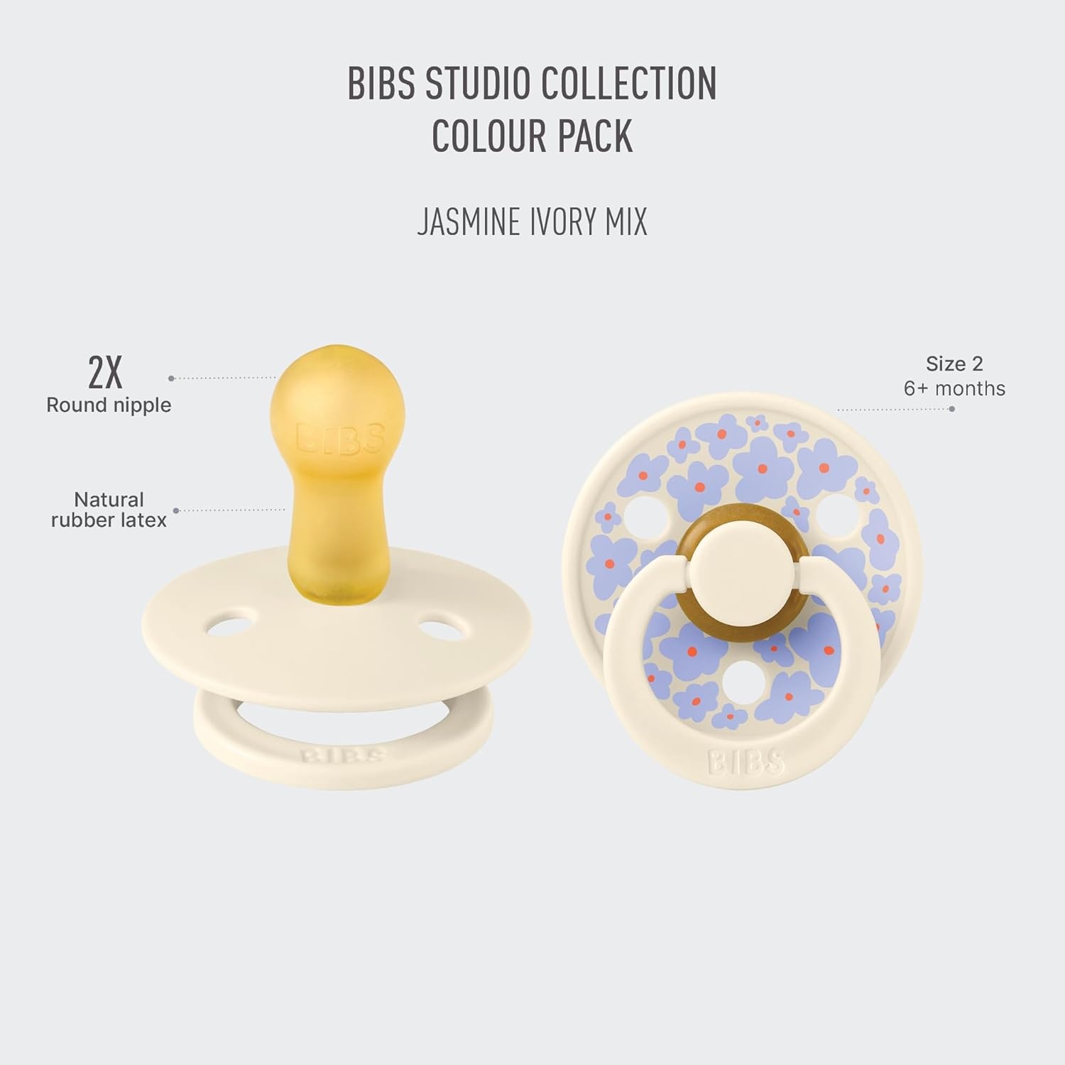 image:imageBIBS Pacifiers Studio 2 Pack Round Nipple Baby Pacifier BPA Free Natural Rubber Latex Soother Made in Denmark Size 0 Months Block SandJasmine Ivory