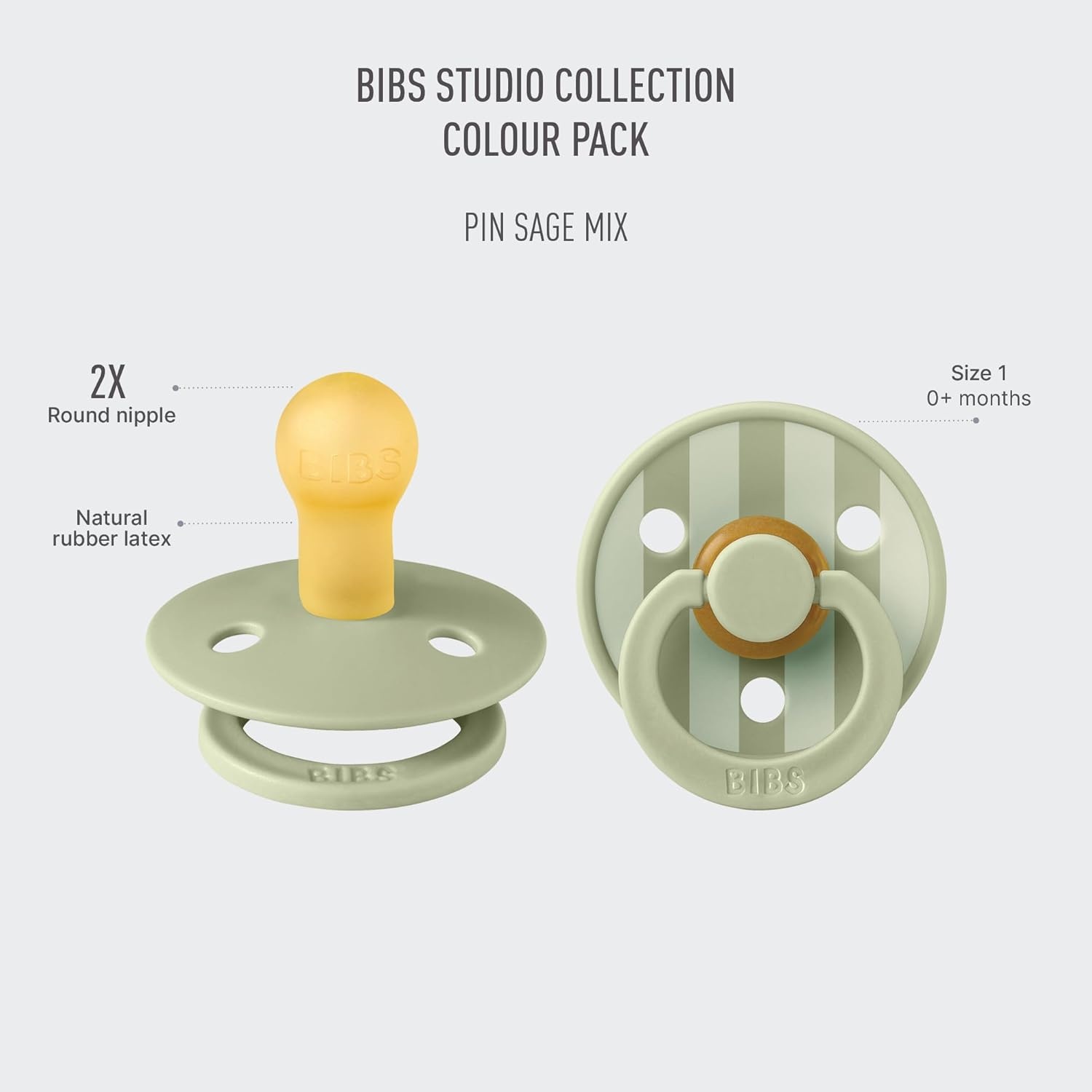 image:imageBIBS Pacifiers Studio 2 Pack Round Nipple Baby Pacifier BPA Free Natural Rubber Latex Soother Made in Denmark Size 0 Months Block SandPin Sage